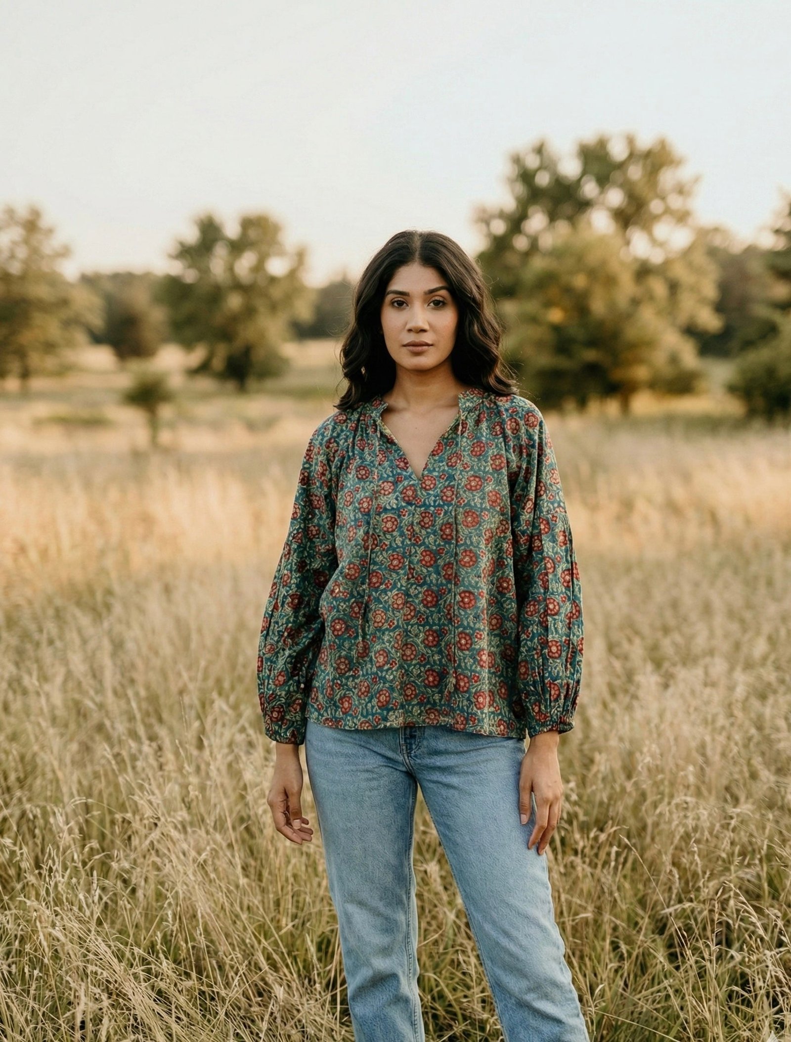 Green Floral Handblock Top