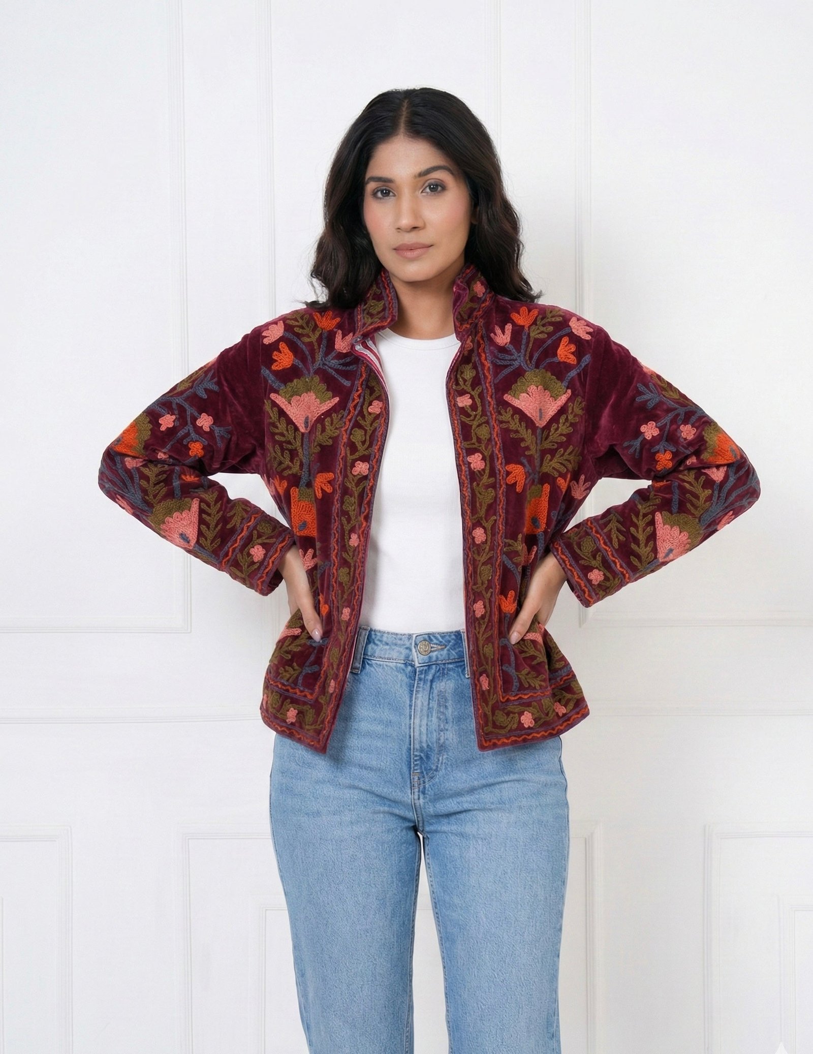 Burgundy Bloom Embroidered Velvet Jacket