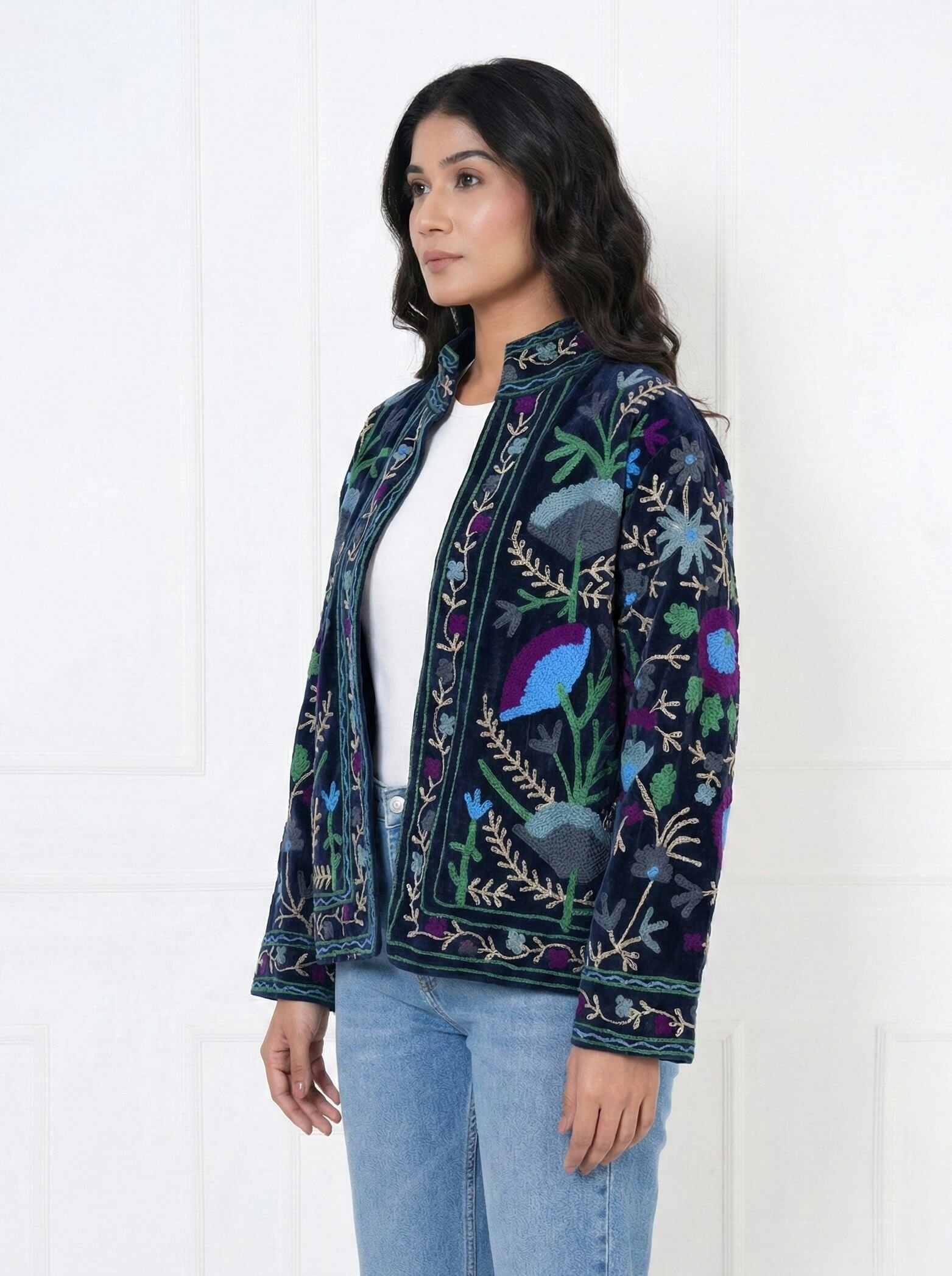 Navy Blue Embroidered Velvet Jacket
