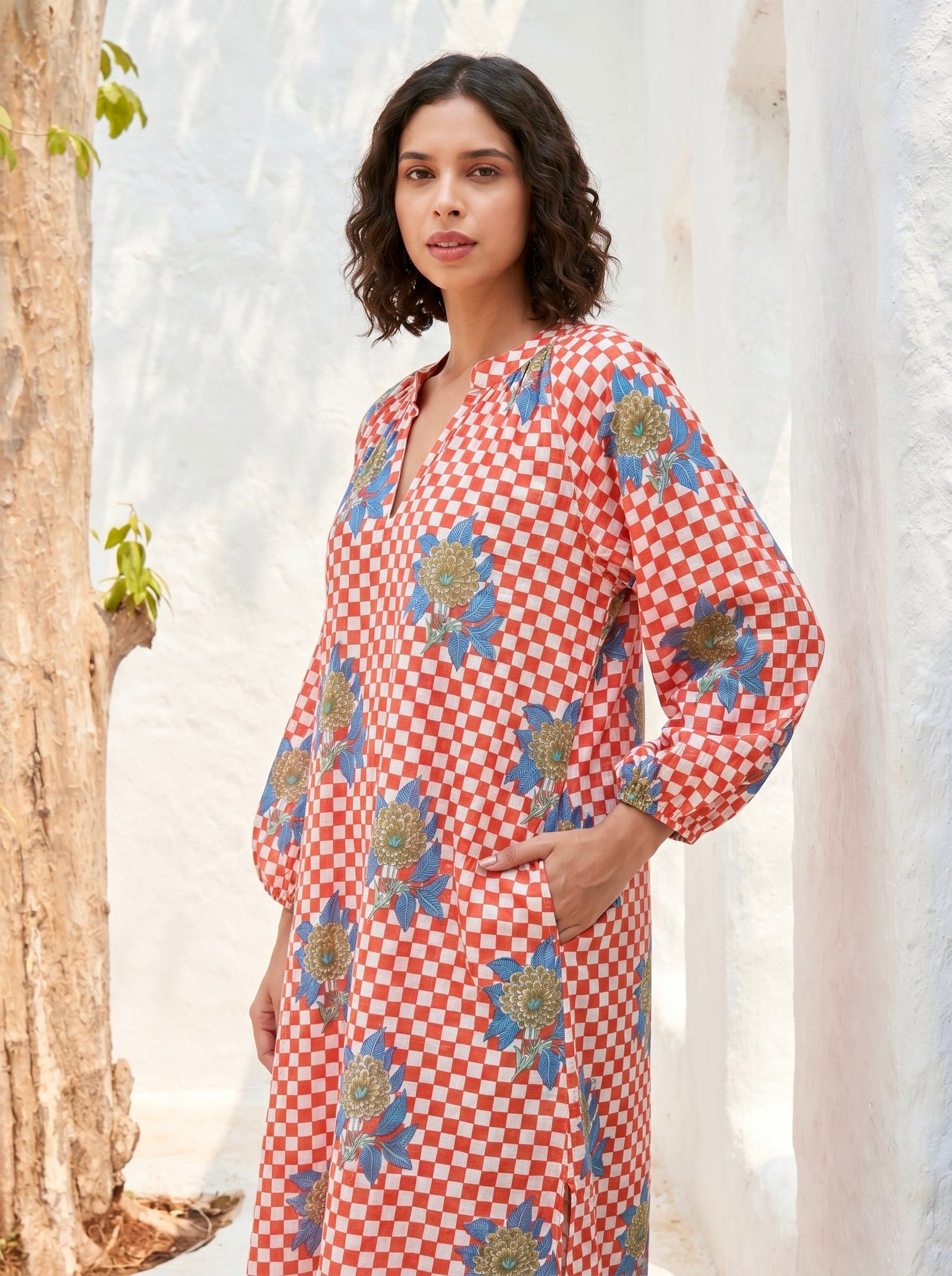 Coral Check Bloom Cotton Dress