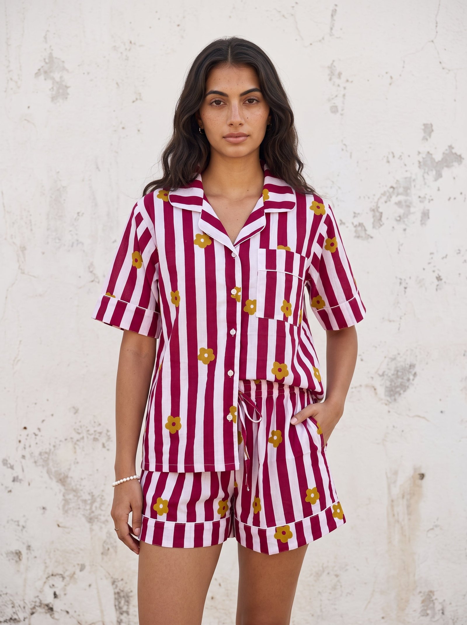 Burgundy Flower Stripe Pajama Set