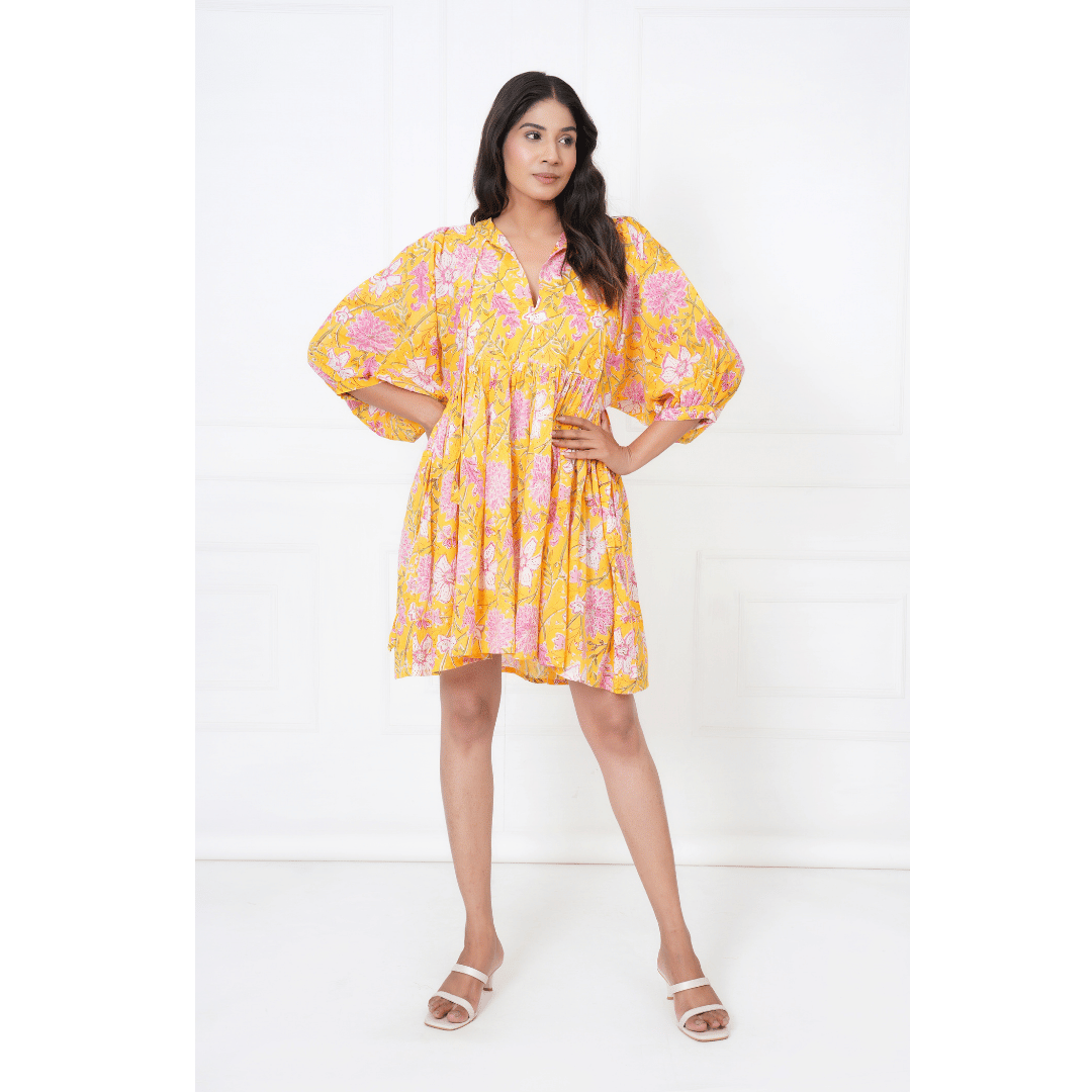 Mustard Hand-Block Print Cotton Mini Doi Dress
