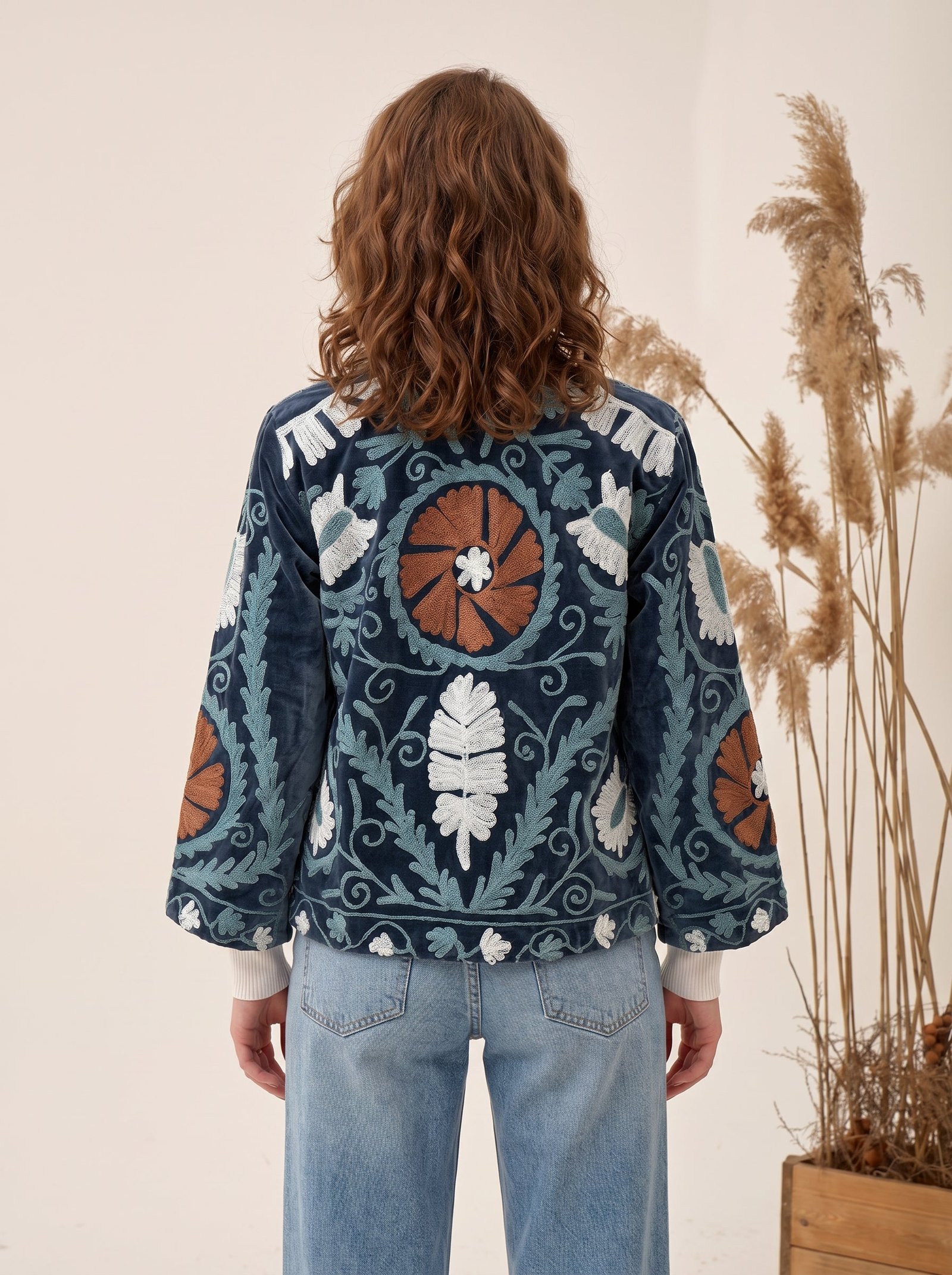 Navy Blue Embroidered Velvet Jacket