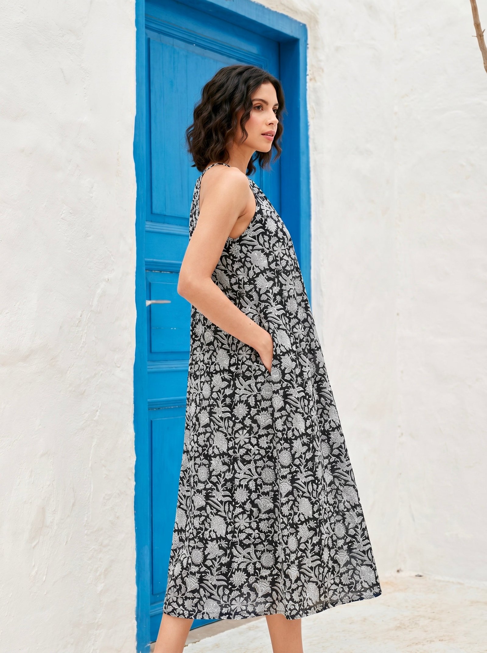 Midnight Bloom Cotton Halter Maxi Dress
