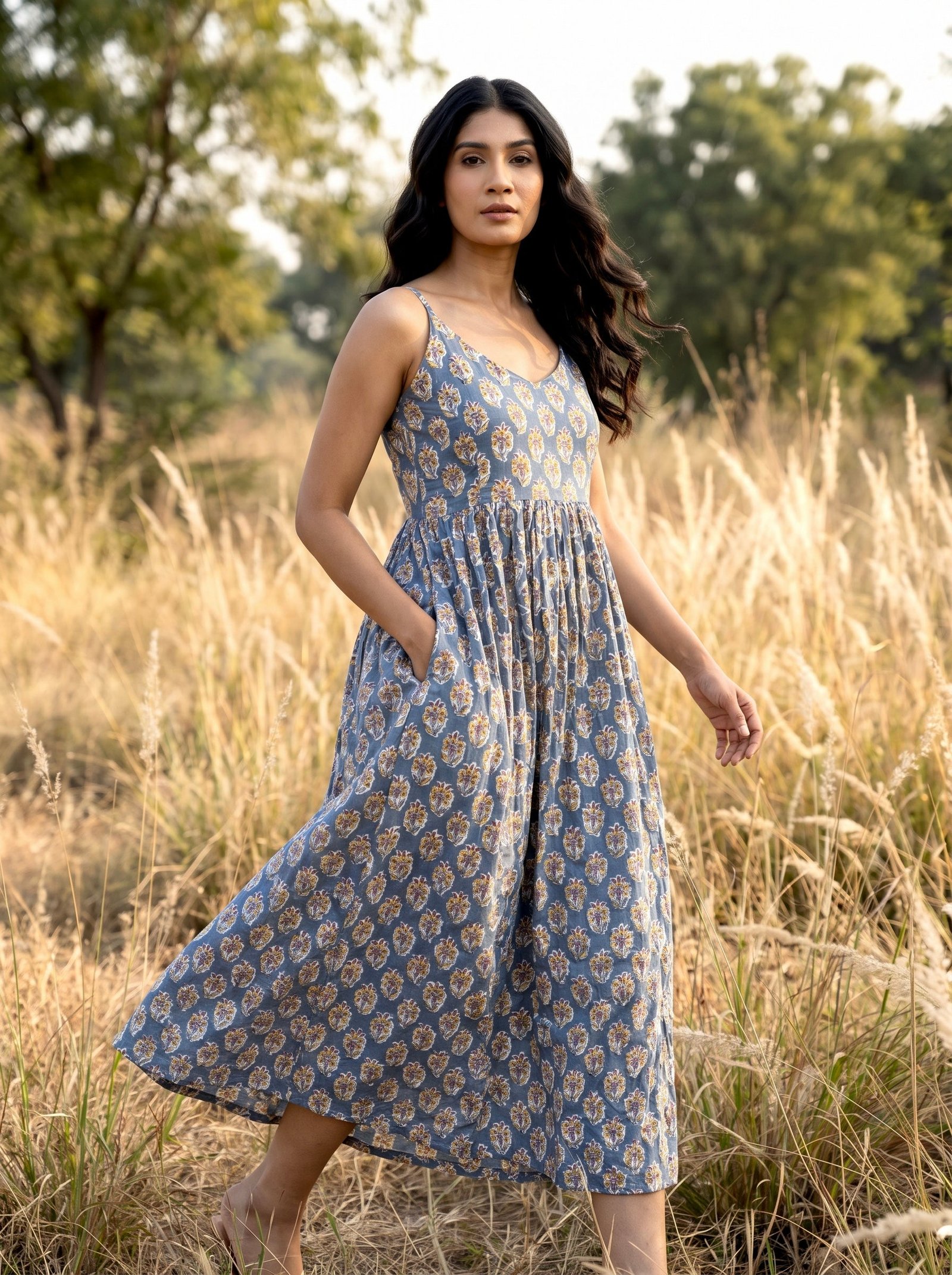 Blue Floral Cotton Maxi Dress