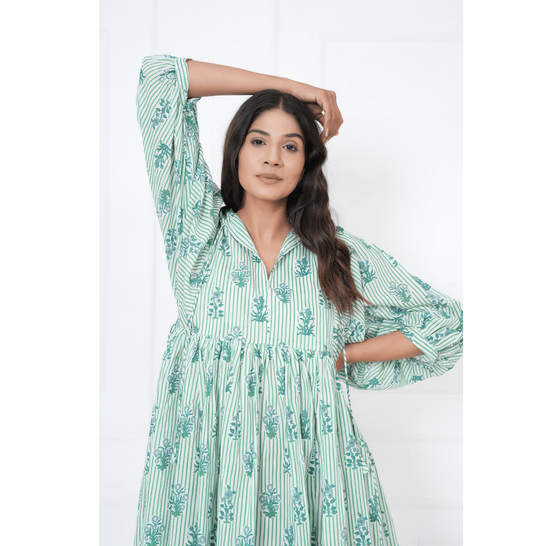 White Green Stripe Hand-Block Print Cotton Mini Doi Dress