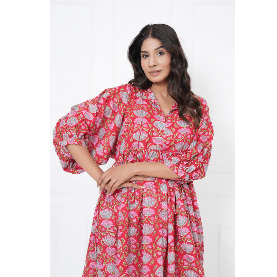 Red Floral Hand-Block Print Cotton Mini Doi Dress