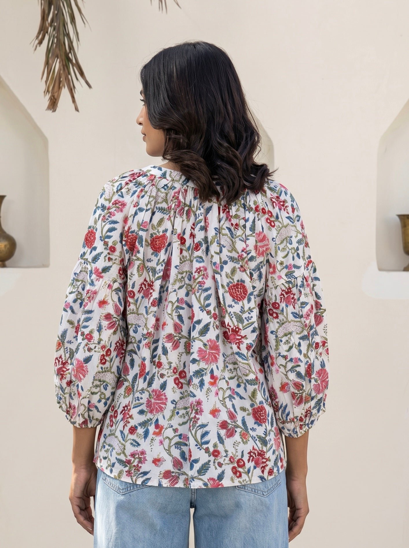 Vintage Floral Balloon Sleeve Top