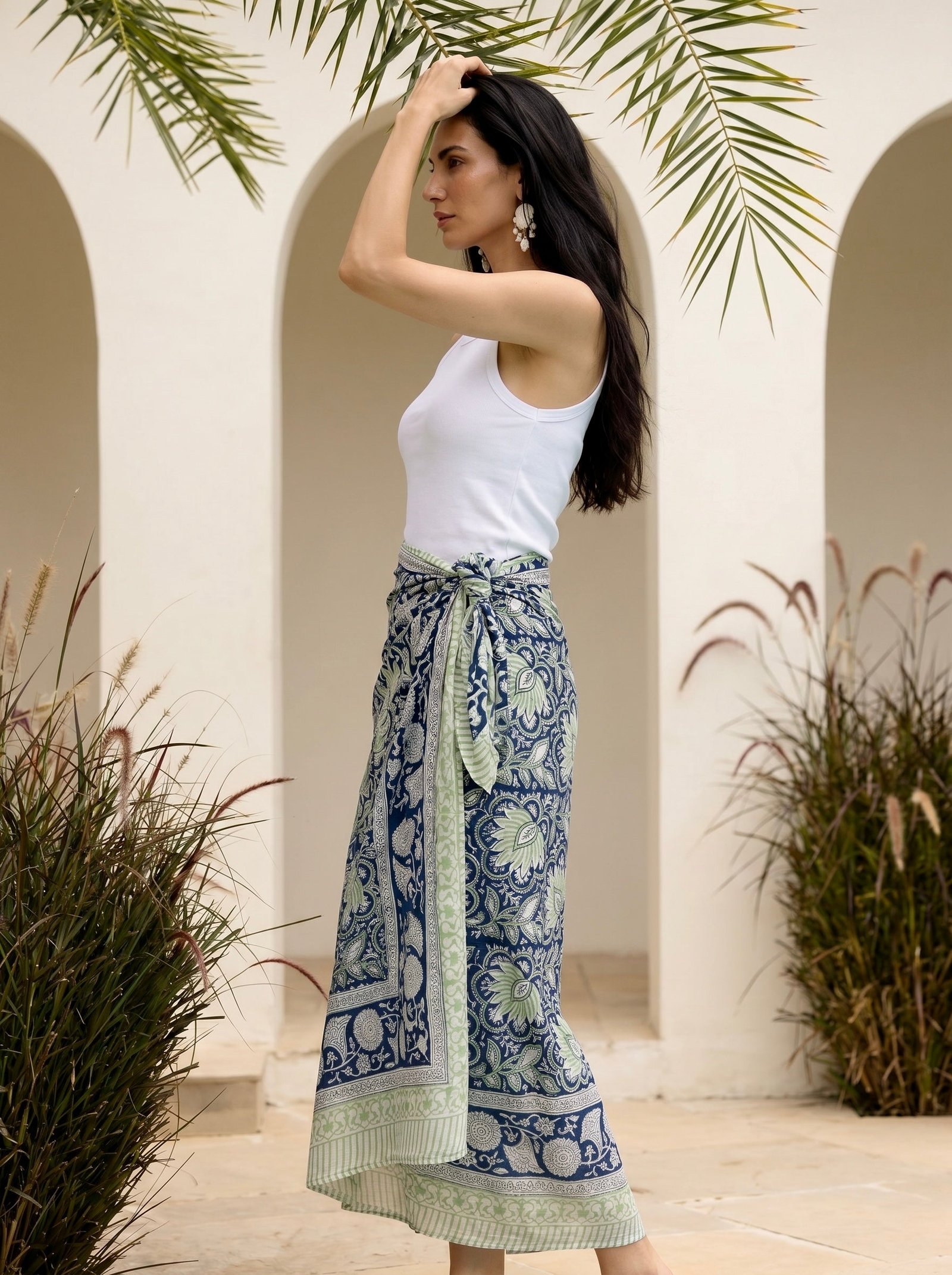 Indigo Garden Block Print Cotton Sarong