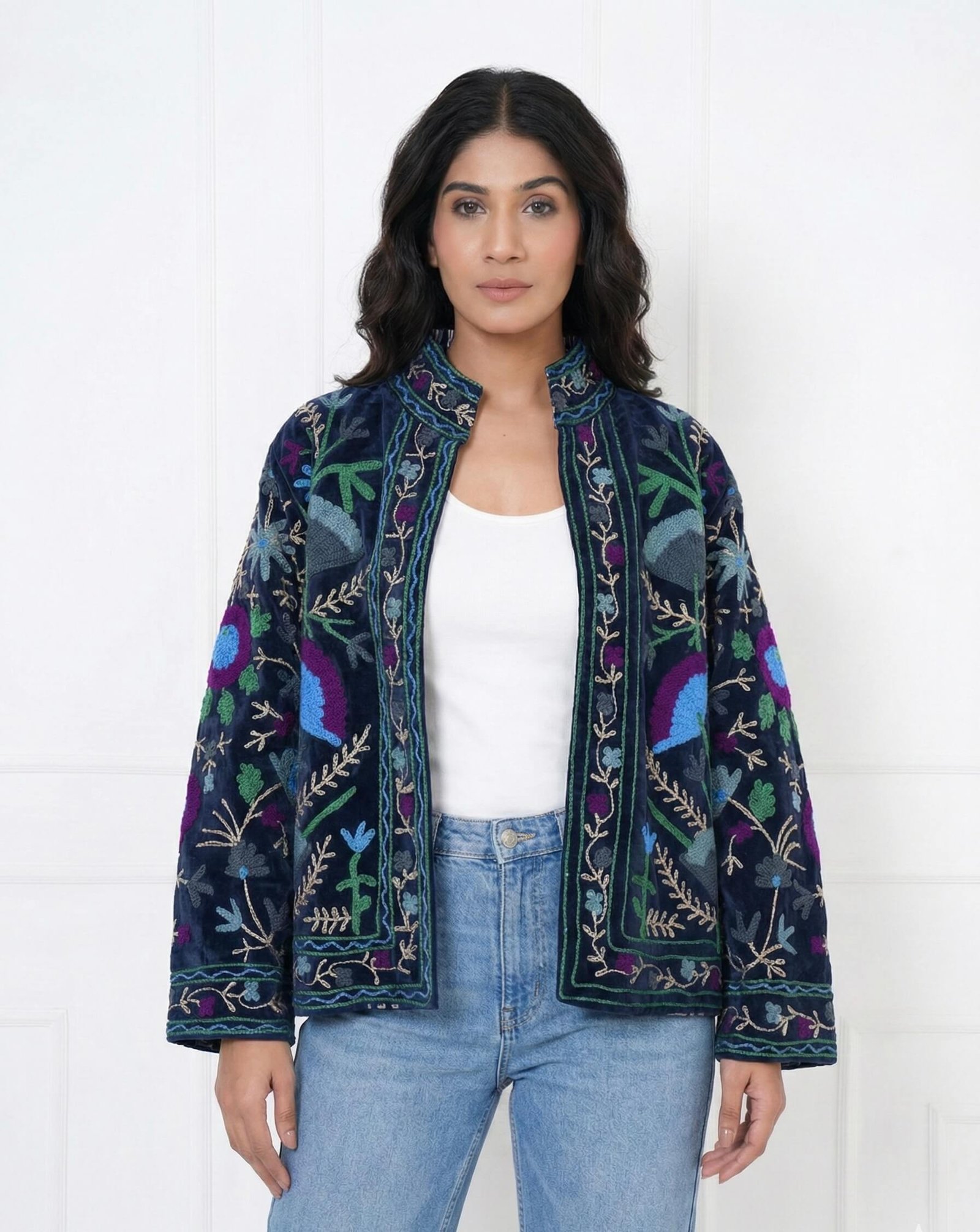 Navy Blue Embroidered Velvet Jacket