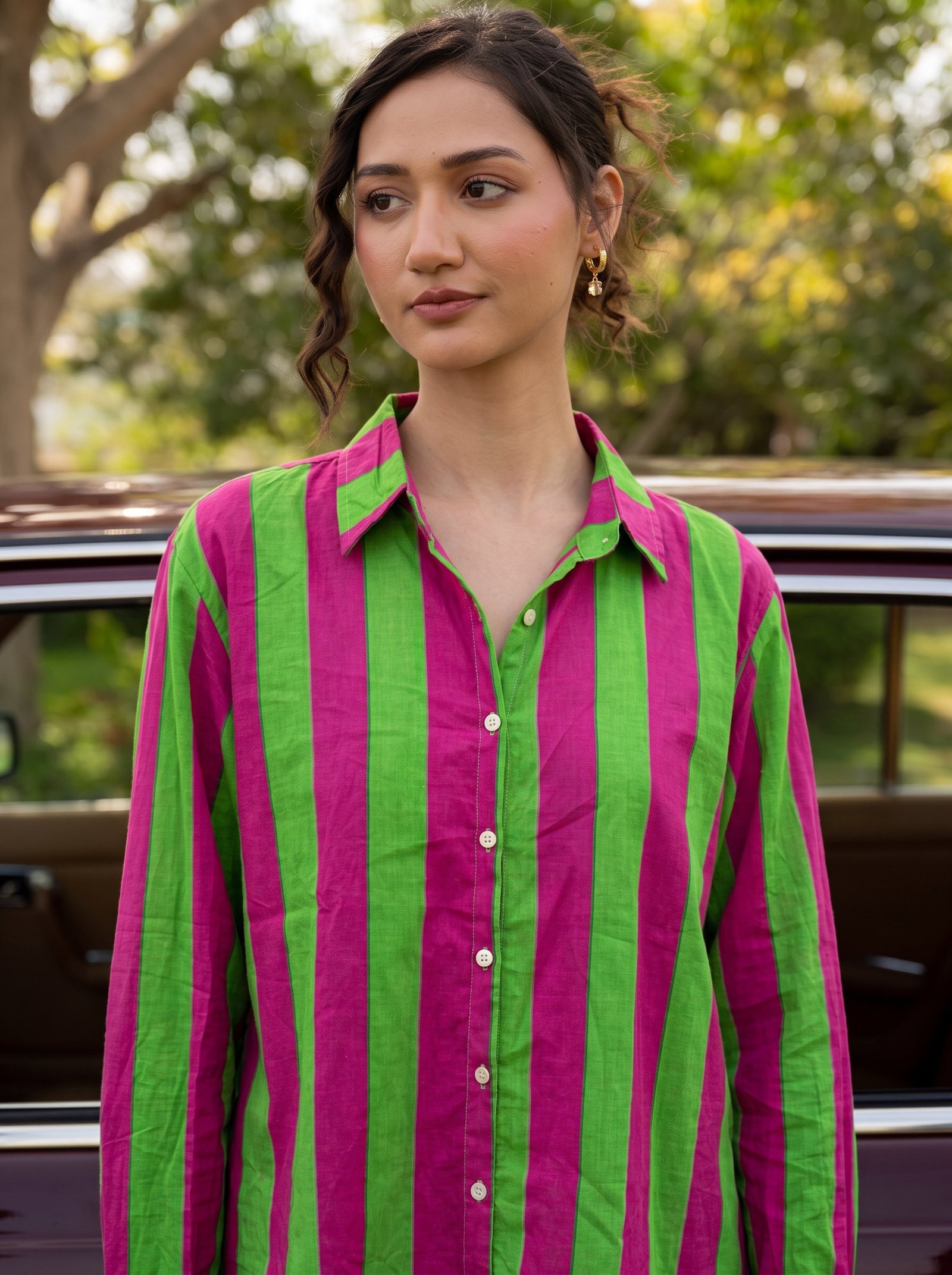 Fuchsia Lime Striped Cotton Shirt