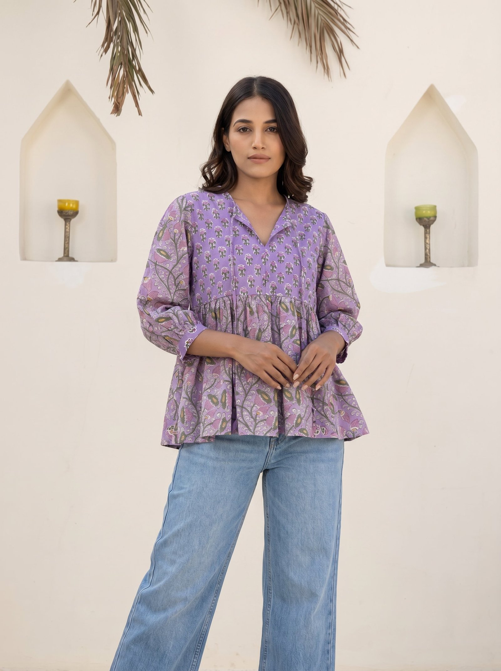 Purple Ethnic Floral Peplum Top