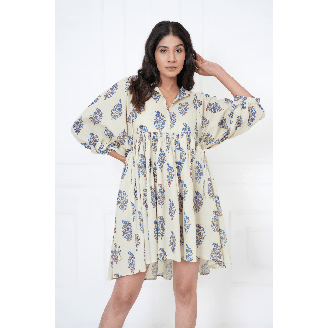 Floral And Leaf Hand-Block Print Cotton Mini Doi Dress
