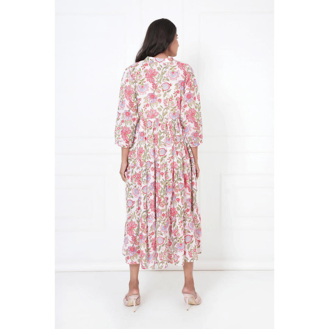 White Floral Block Print Maxi Anokhi Dress