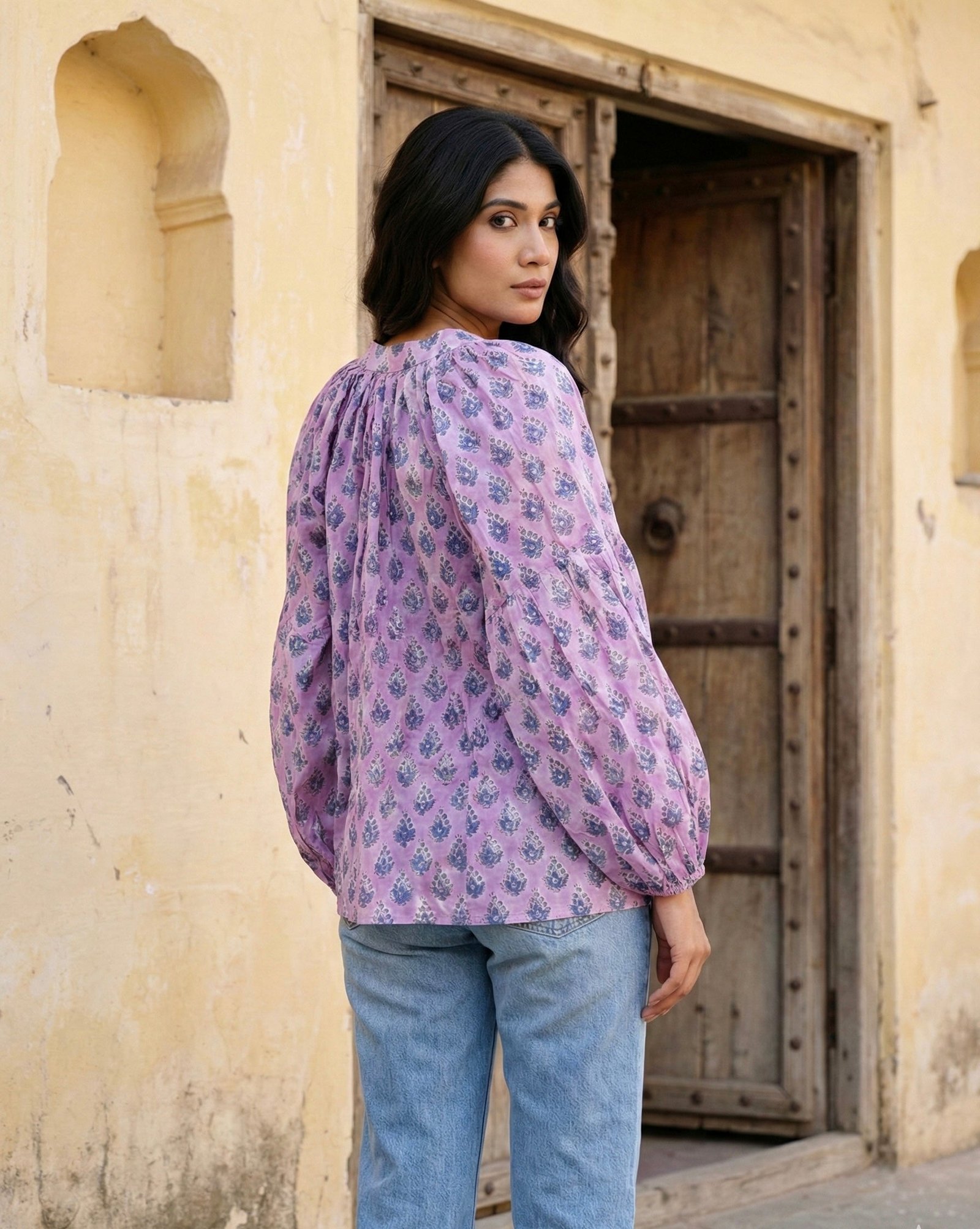 Lilac Floral Block Print Cotton Top