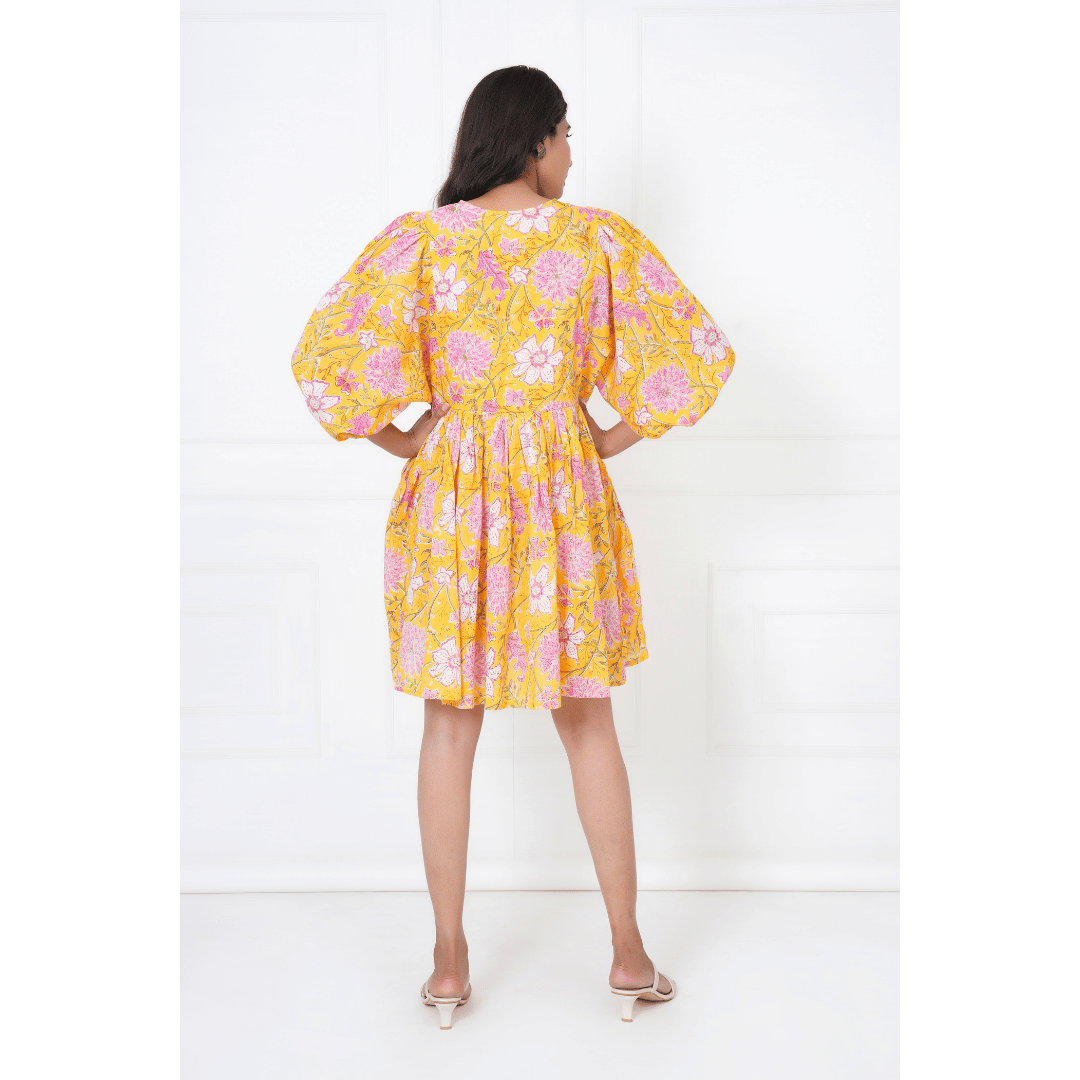 Mustard Hand-Block Print Cotton Mini Doi Dress