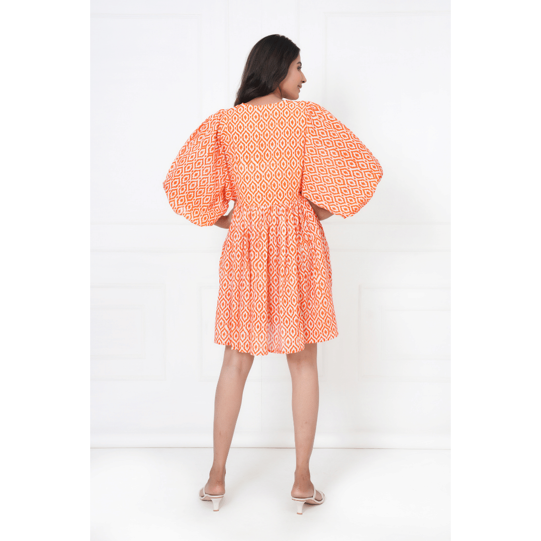 Orange Floral Hand-Block Print Cotton Mini Doi Dress