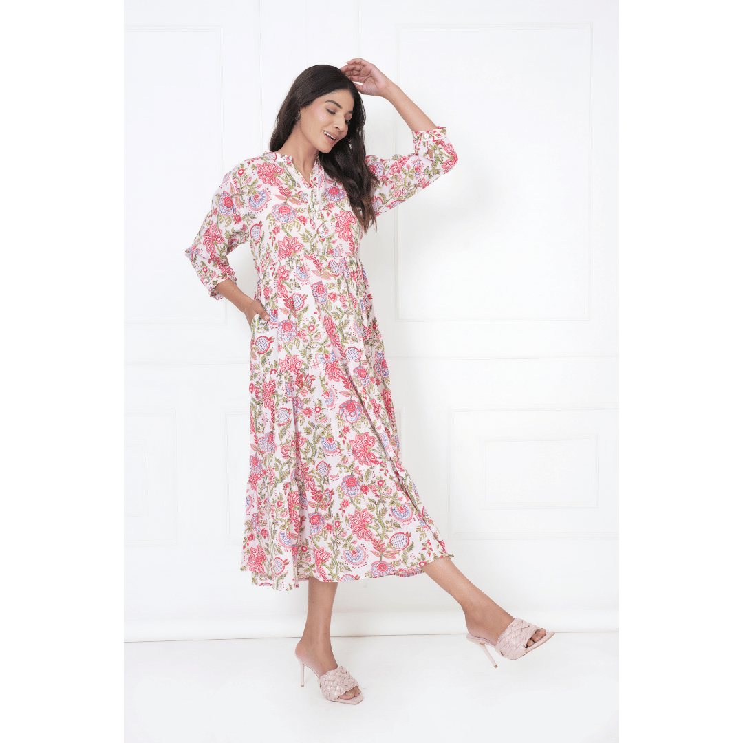 White Floral Block Print Maxi Anokhi Dress