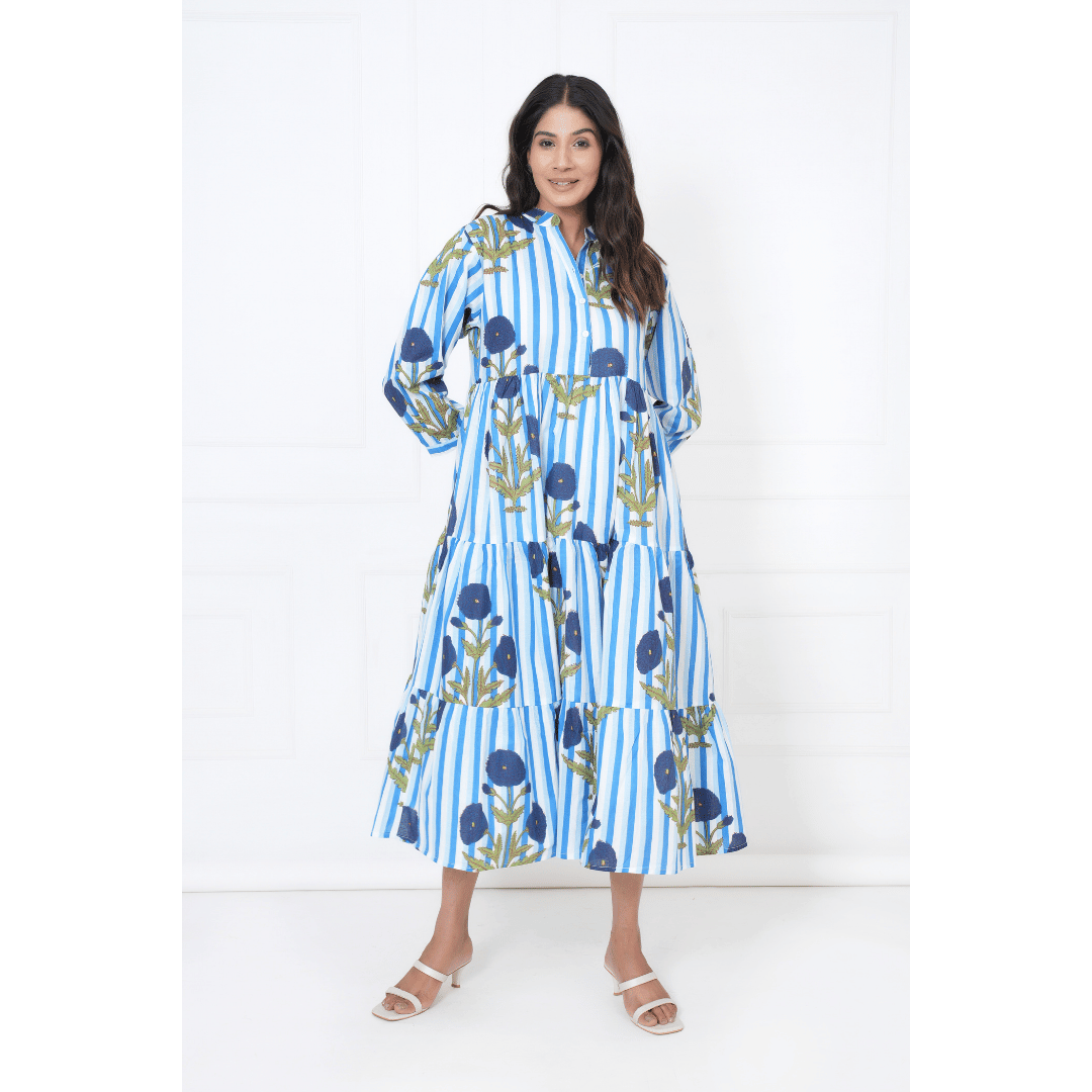 Blue White Stripe Print Maxi Anokhi Dress