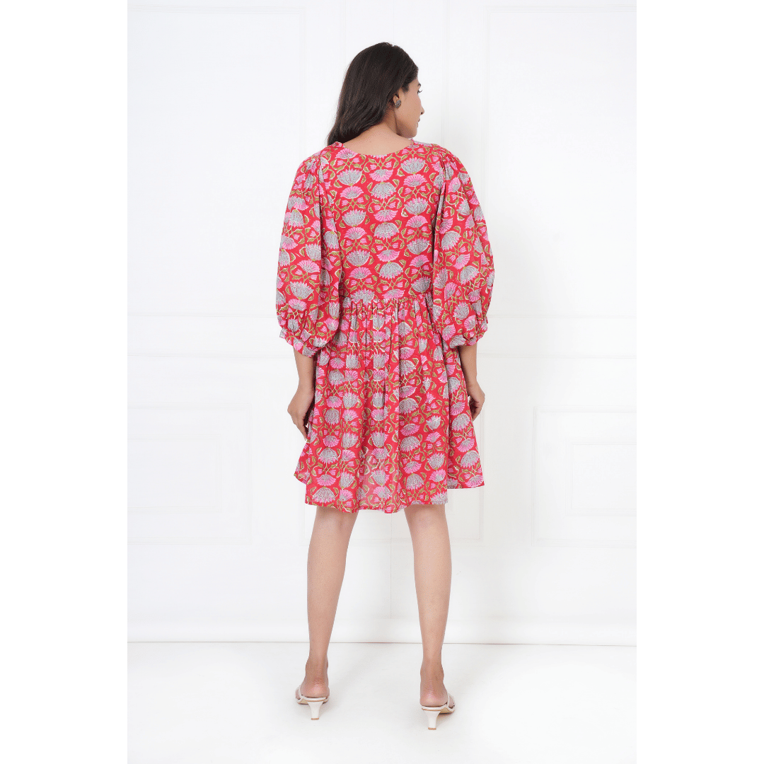 Red Floral Hand-Block Print Cotton Mini Doi Dress