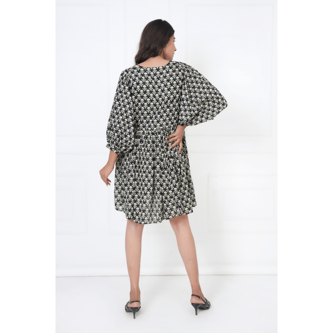 Black Hand-Block Print Cotton Mini Doi Dress