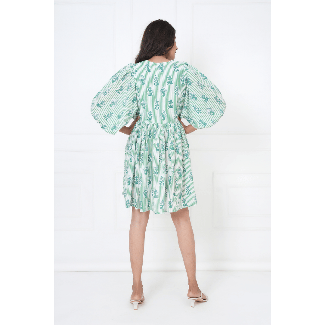 White Green Stripe Hand-Block Print Cotton Mini Doi Dress