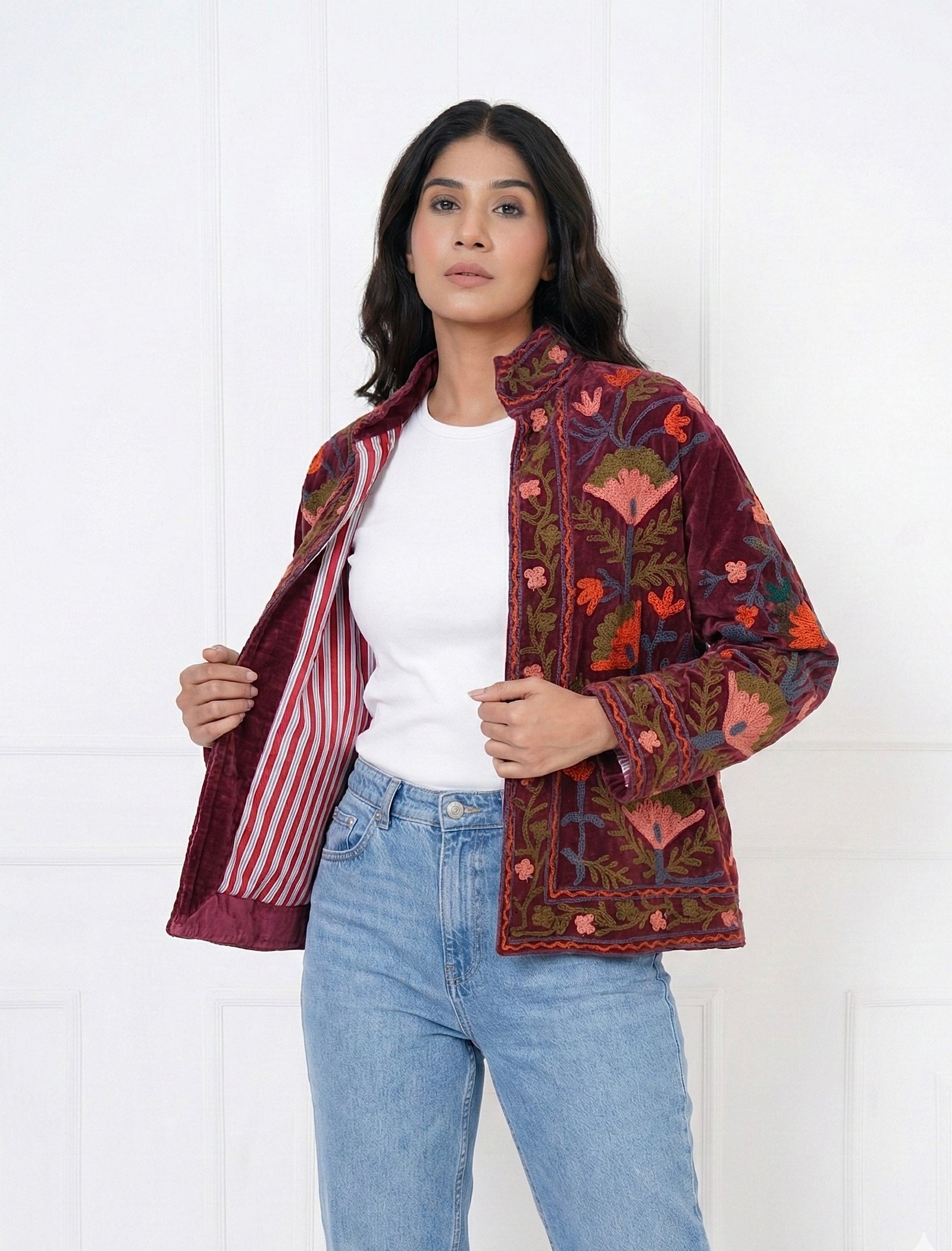 Burgundy Bloom Embroidered Velvet Jacket