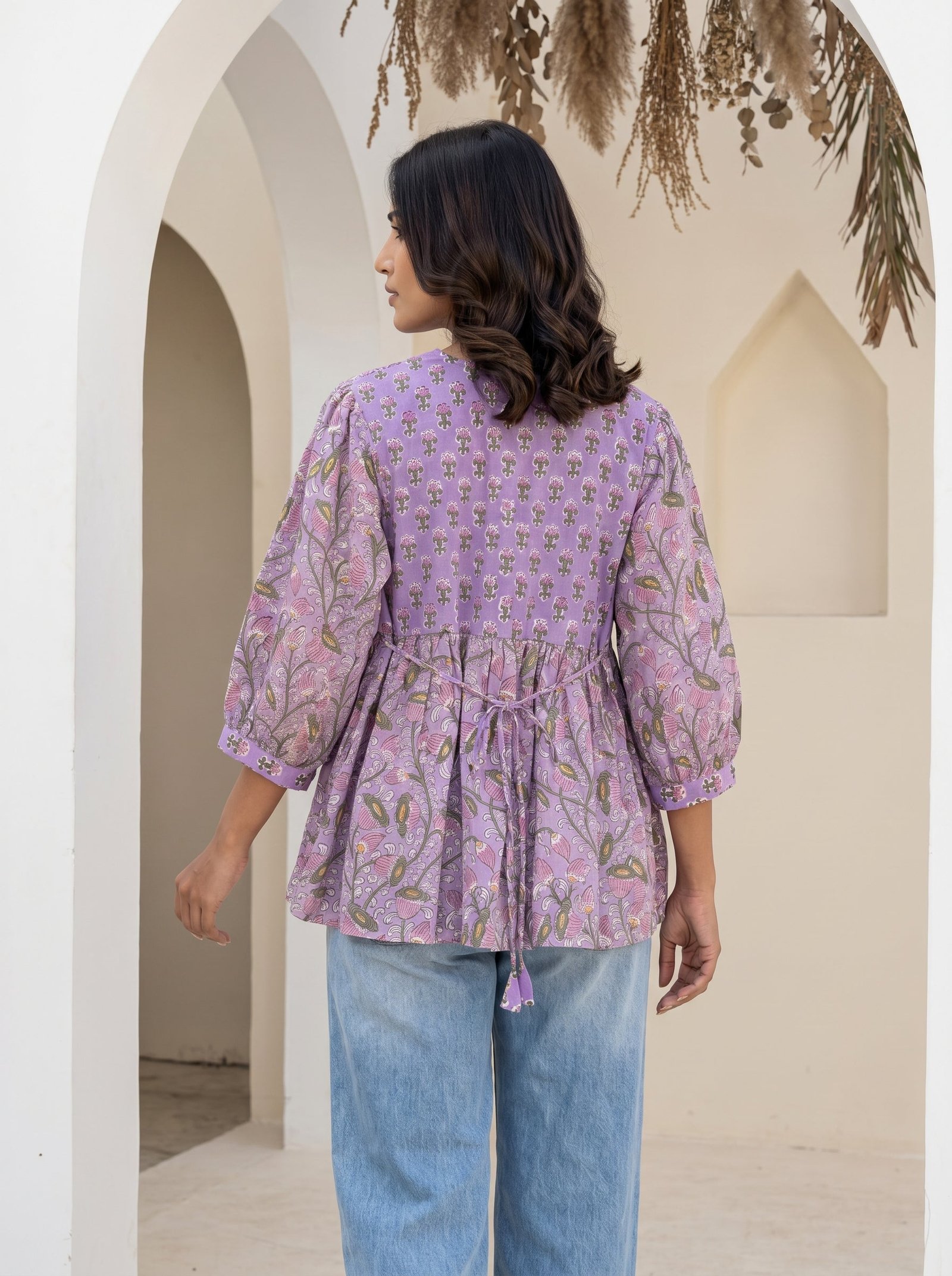 Purple Ethnic Floral Peplum Top