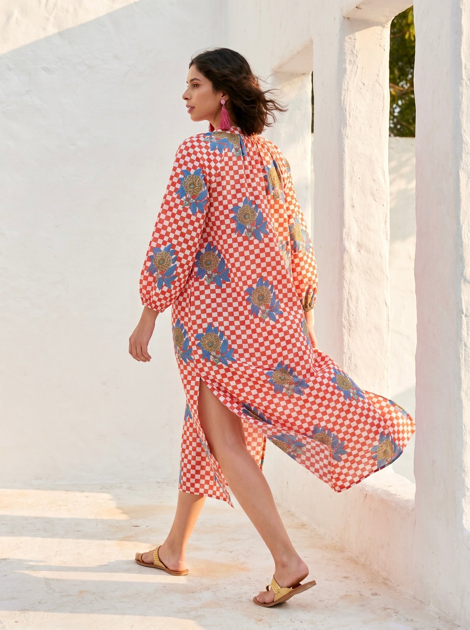 Coral Check Bloom Cotton Dress