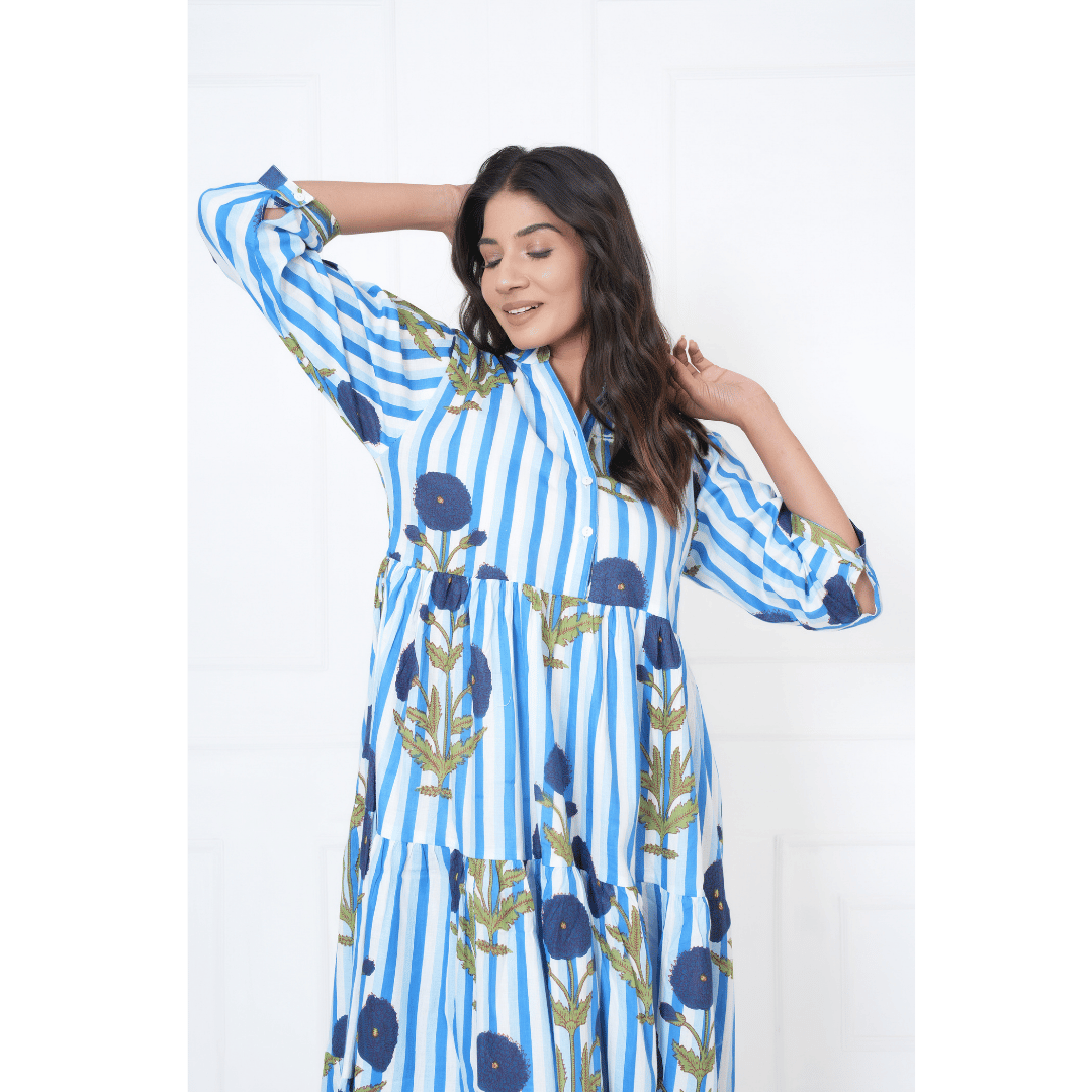 Blue White Stripe Print Maxi Anokhi Dress