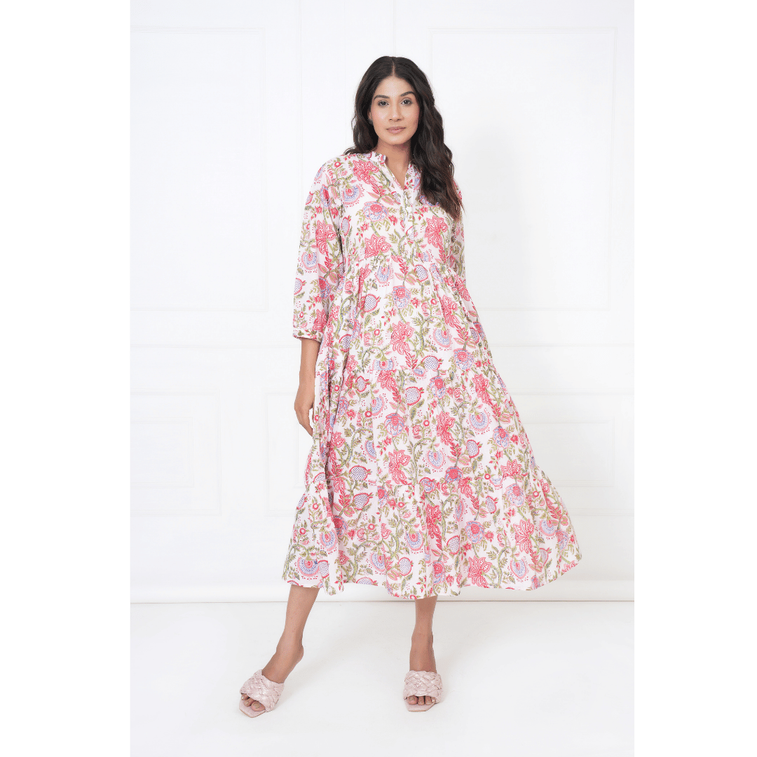 White Floral Block Print Maxi Anokhi Dress