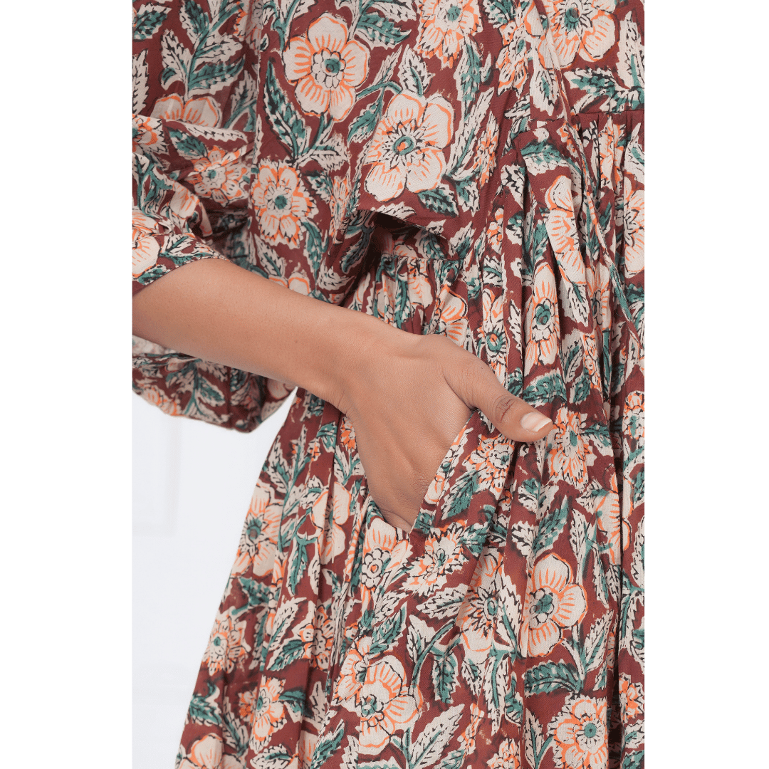 Kalamkari Hand-Block Print Cotton Mini Doi Dress
