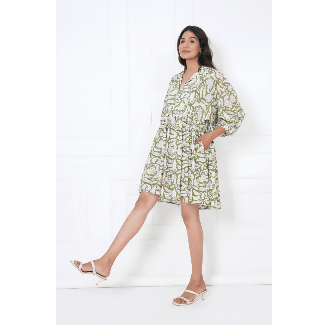 Green White Leaf Hand-Block Print Cotton Mini Doi Dress