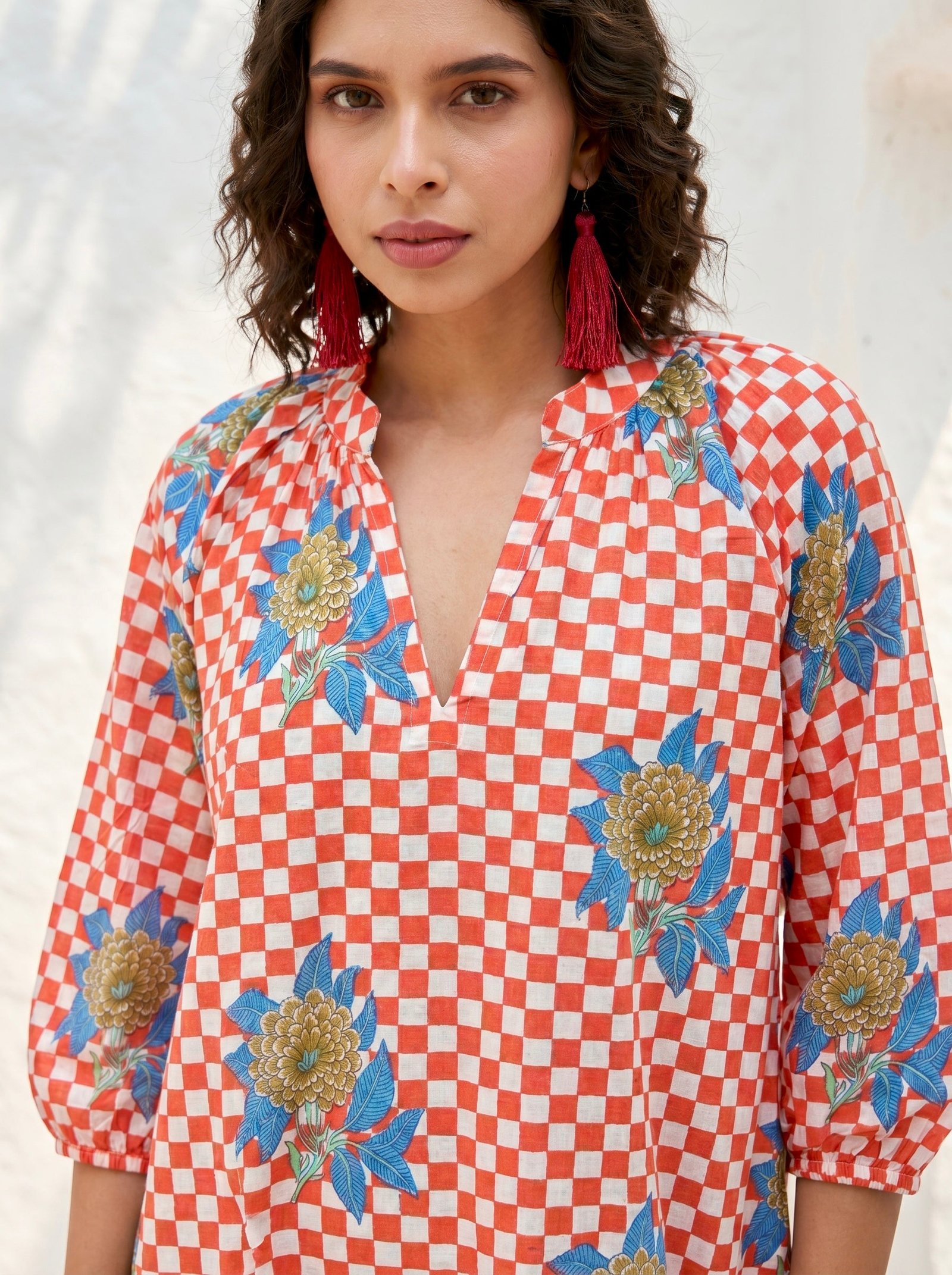 Coral Check Bloom Cotton Dress
