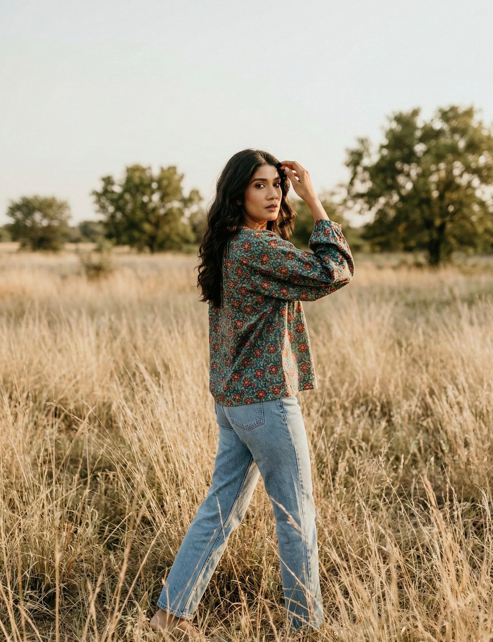 Green Floral Handblock Top