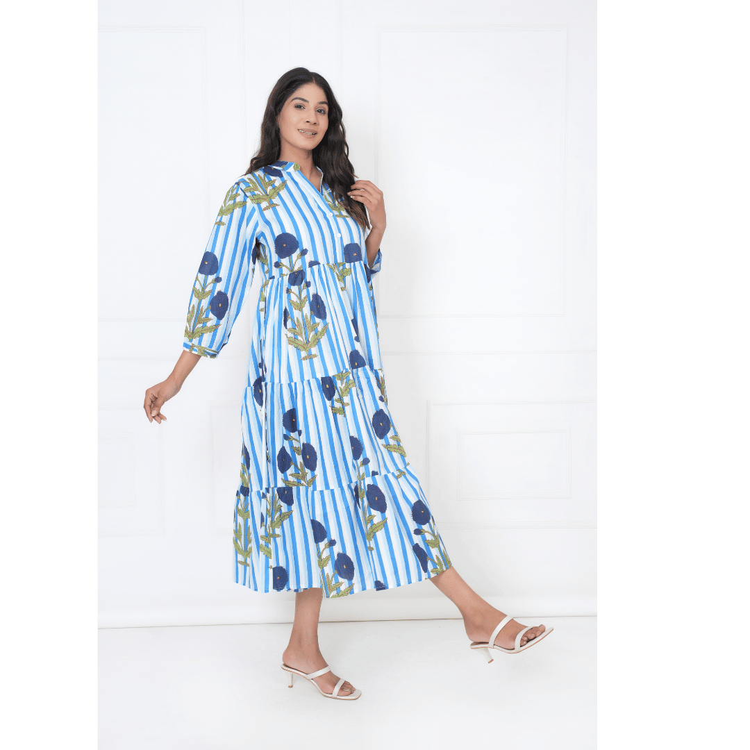 Blue White Stripe Print Maxi Anokhi Dress