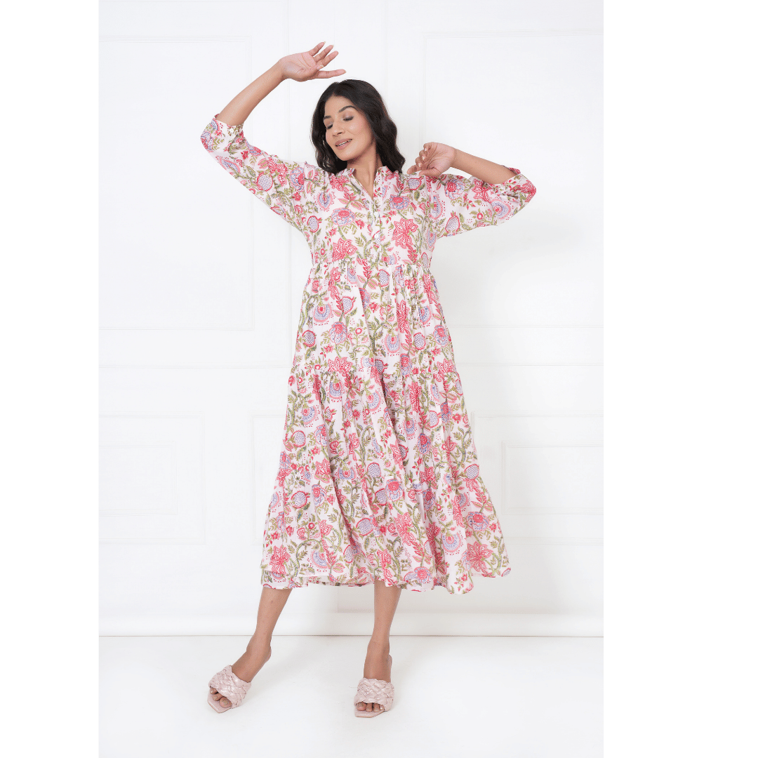 White Floral Block Print Maxi Anokhi Dress