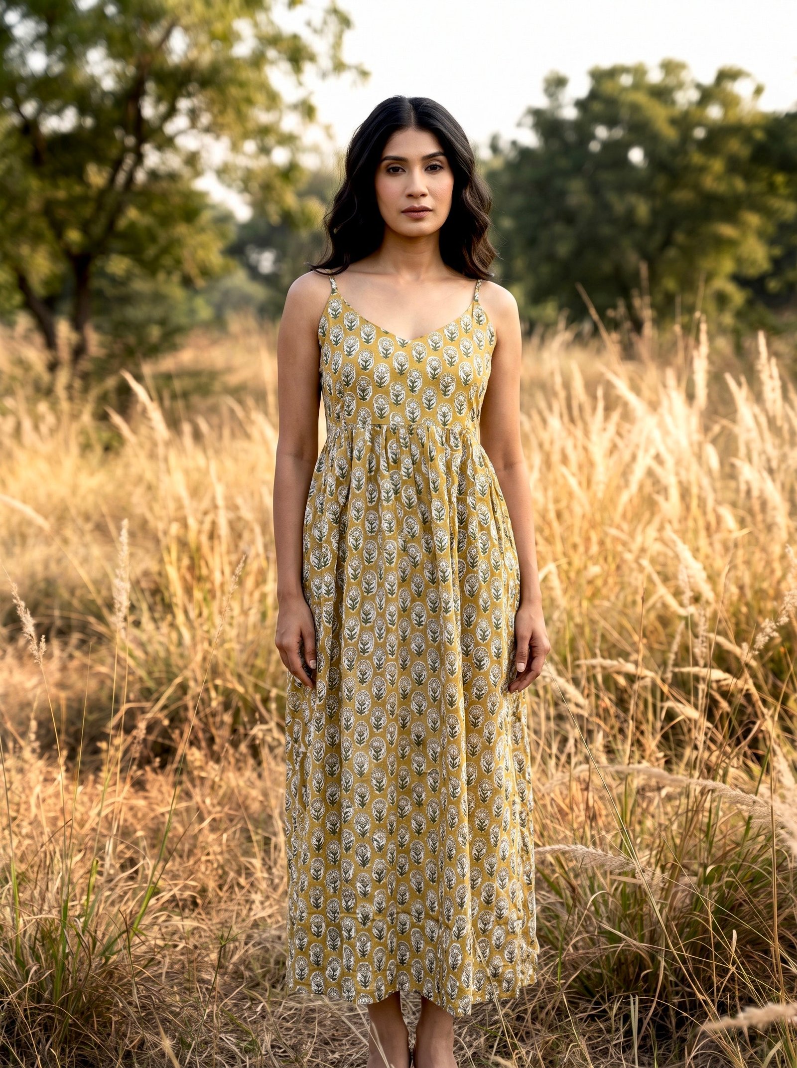 Mustard Floral Cotton Maxi Dress