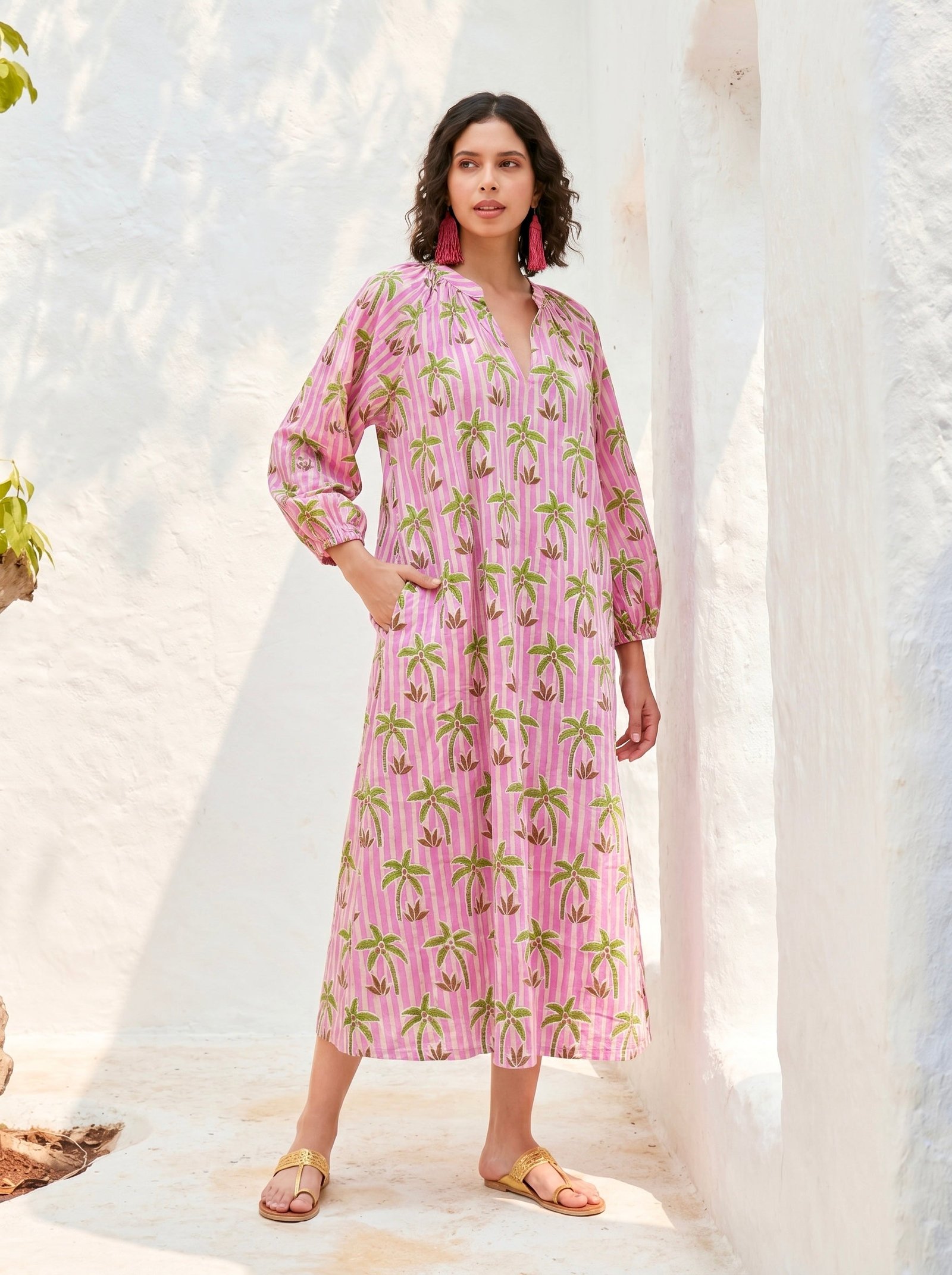 Palm Paradise Pink Cotton Dress