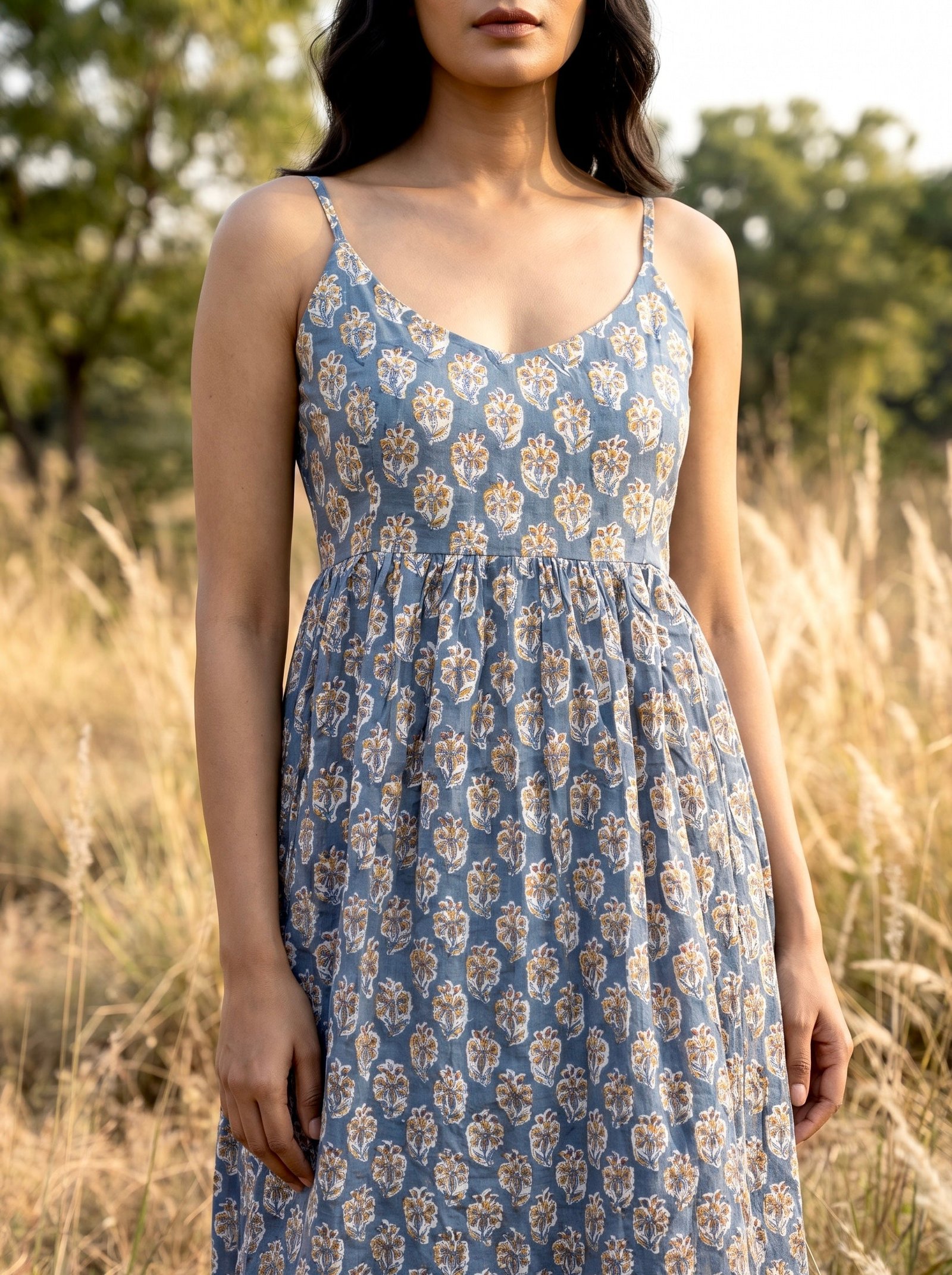 Blue Floral Cotton Maxi Dress