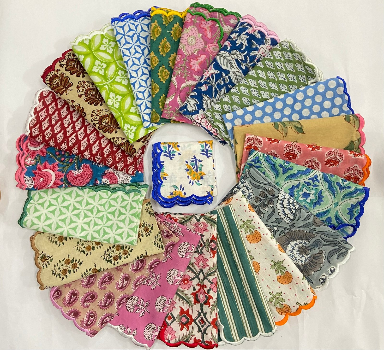 Assorted Block Print Scalloped Cloth Napkins (Set of 6,8 )