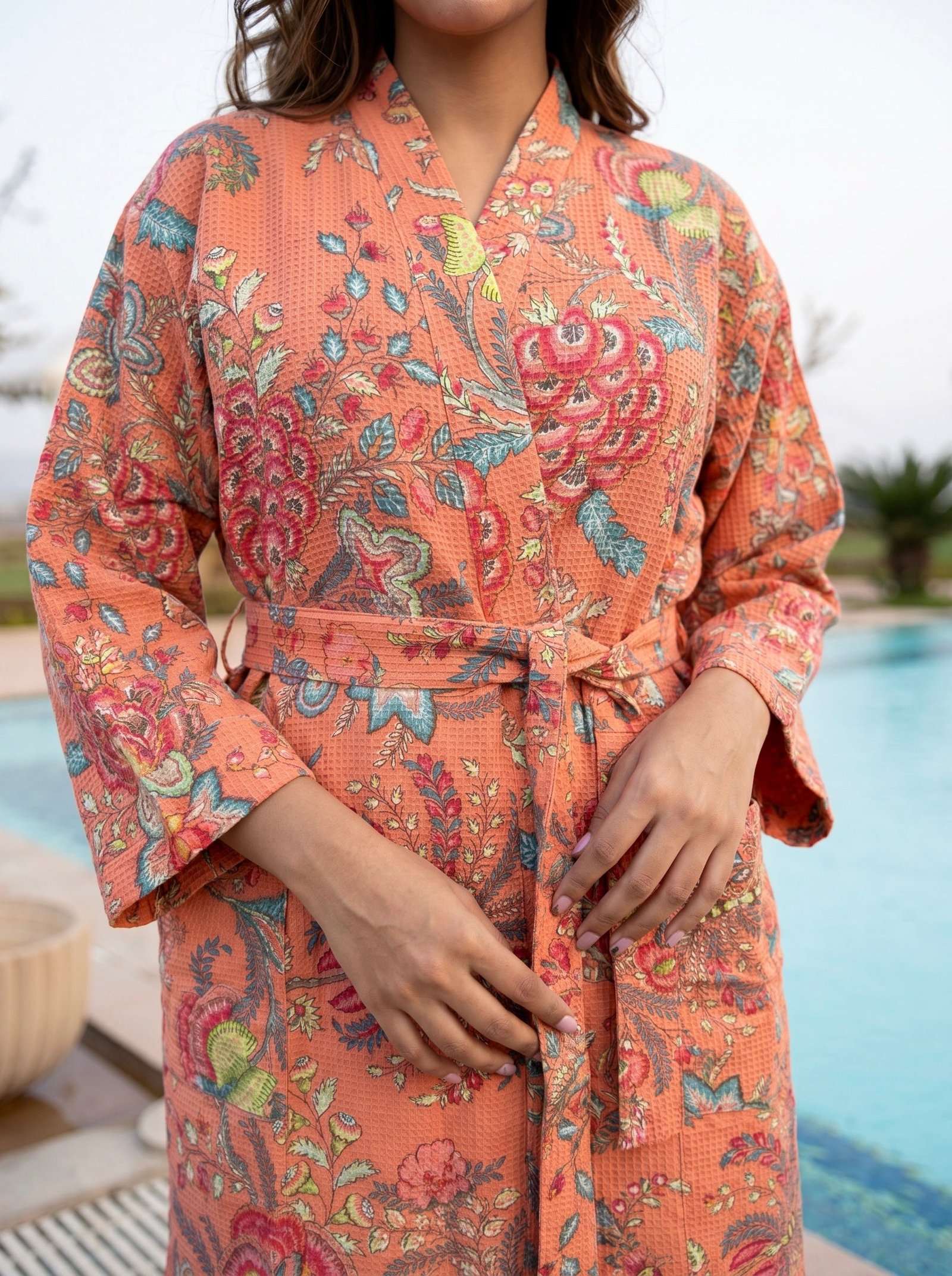 Coral Garden Cotton Waffle Bathrobe