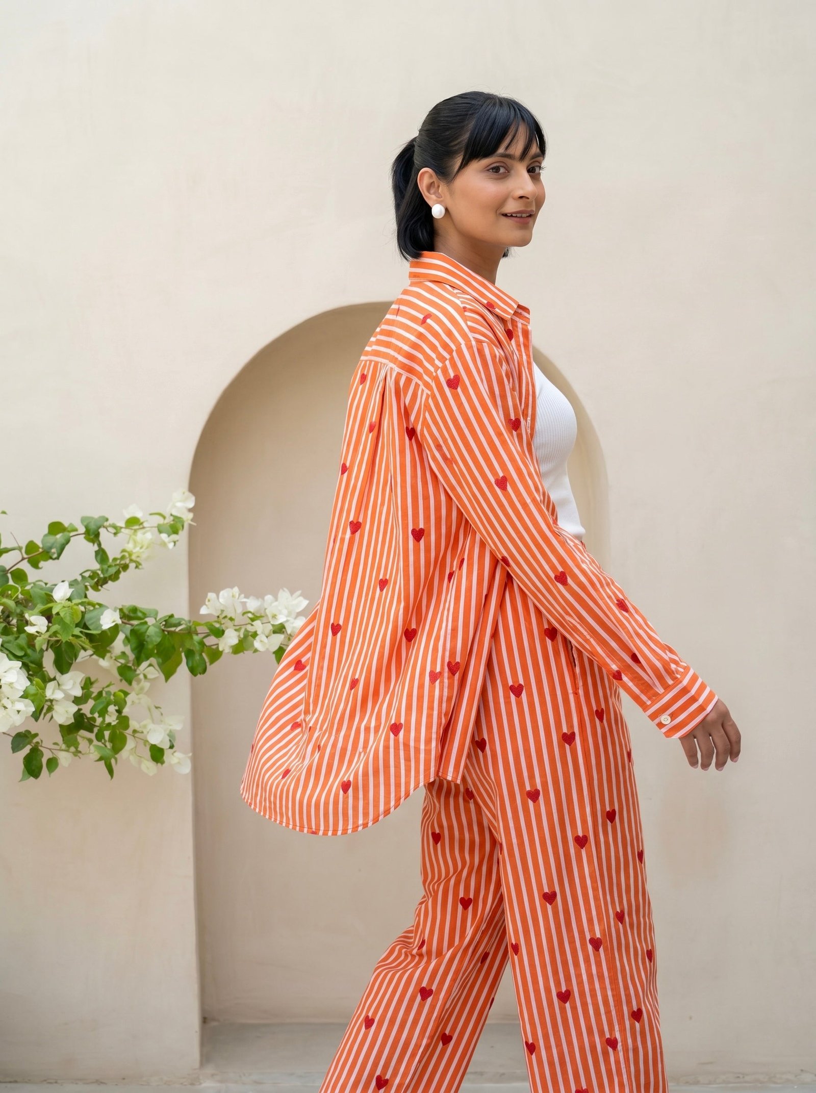 Orange Heart Print Stripe Co-Ord Set