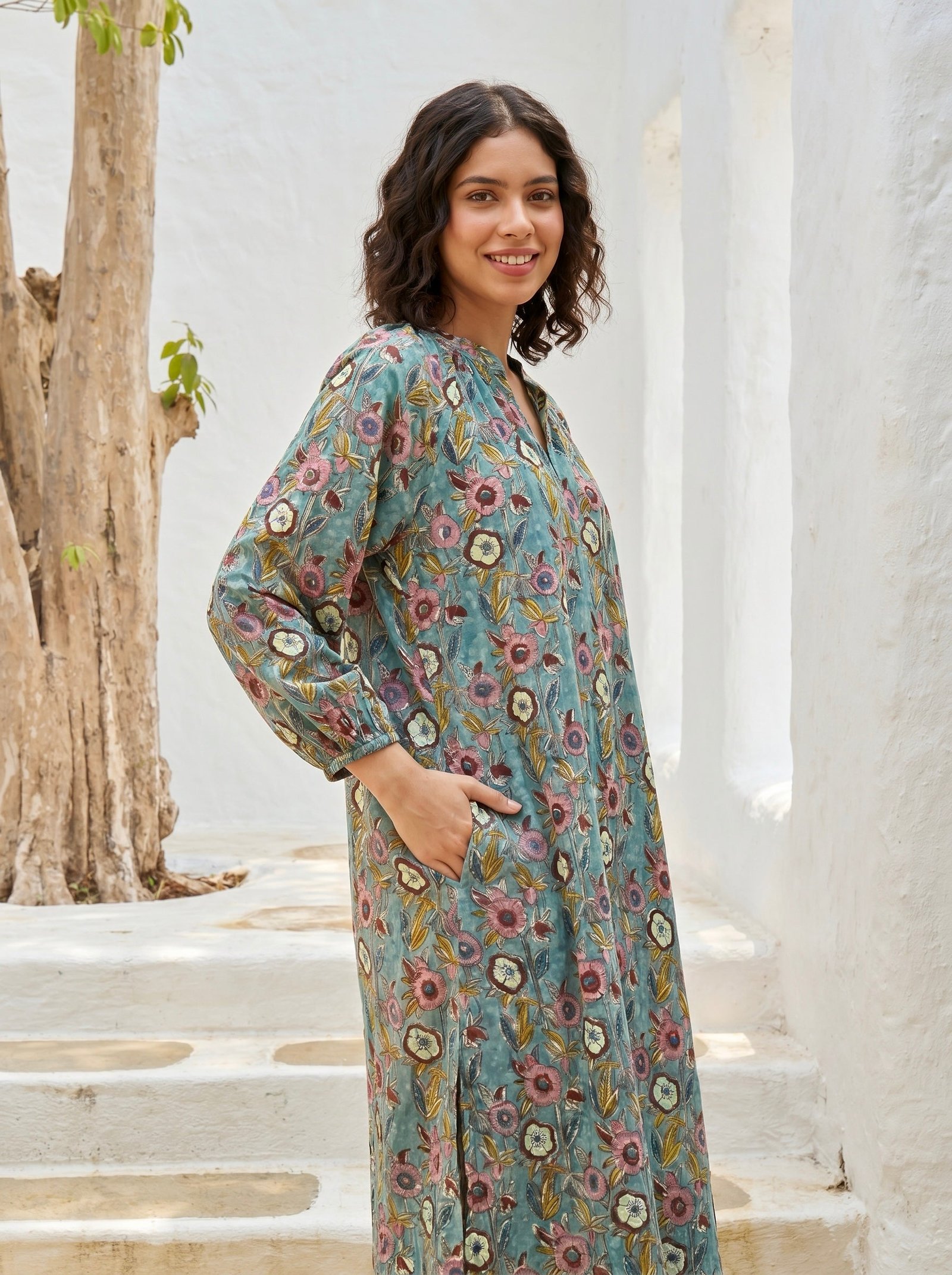 Sage Bloom Cotton Kurta Dress