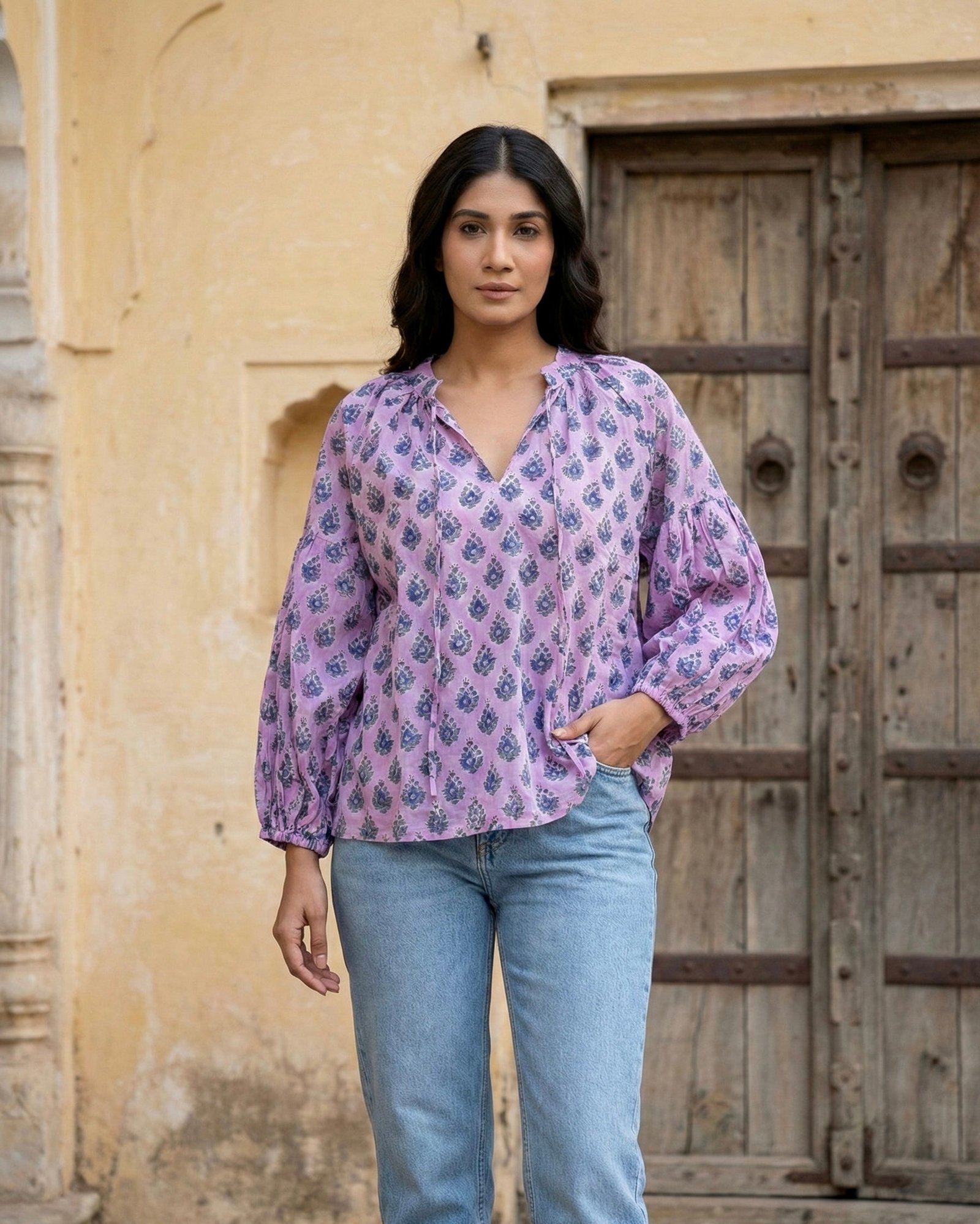 Lilac Floral Block Print Cotton Top