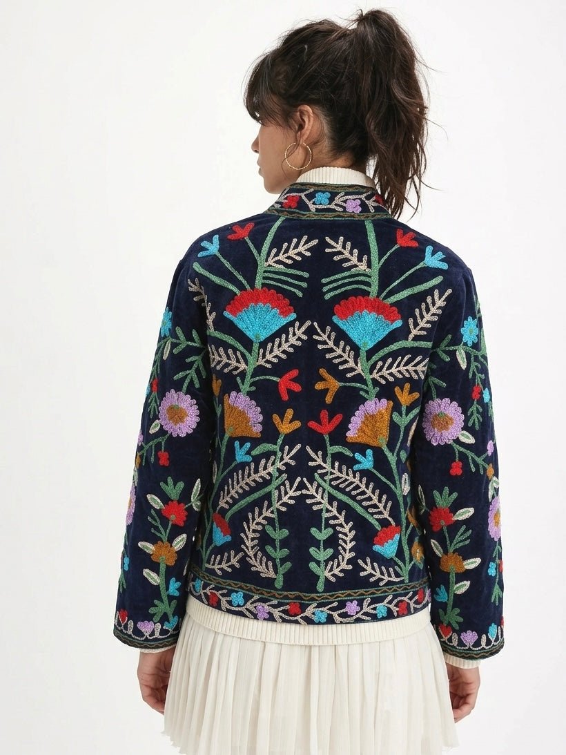Navy Blue Garden Embroidered Velvet Jacket