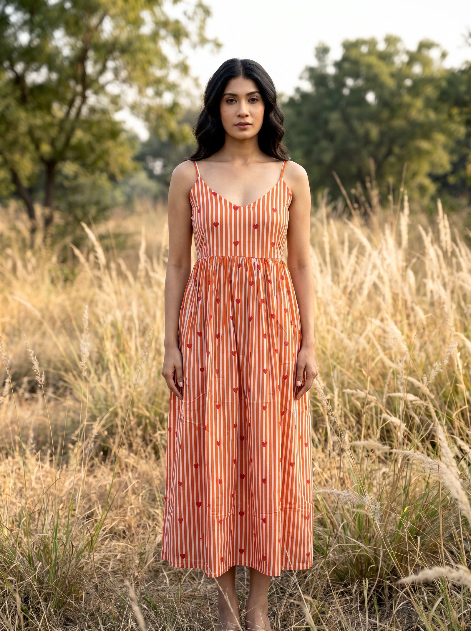 Orange Heart Stripe Maxi Dress