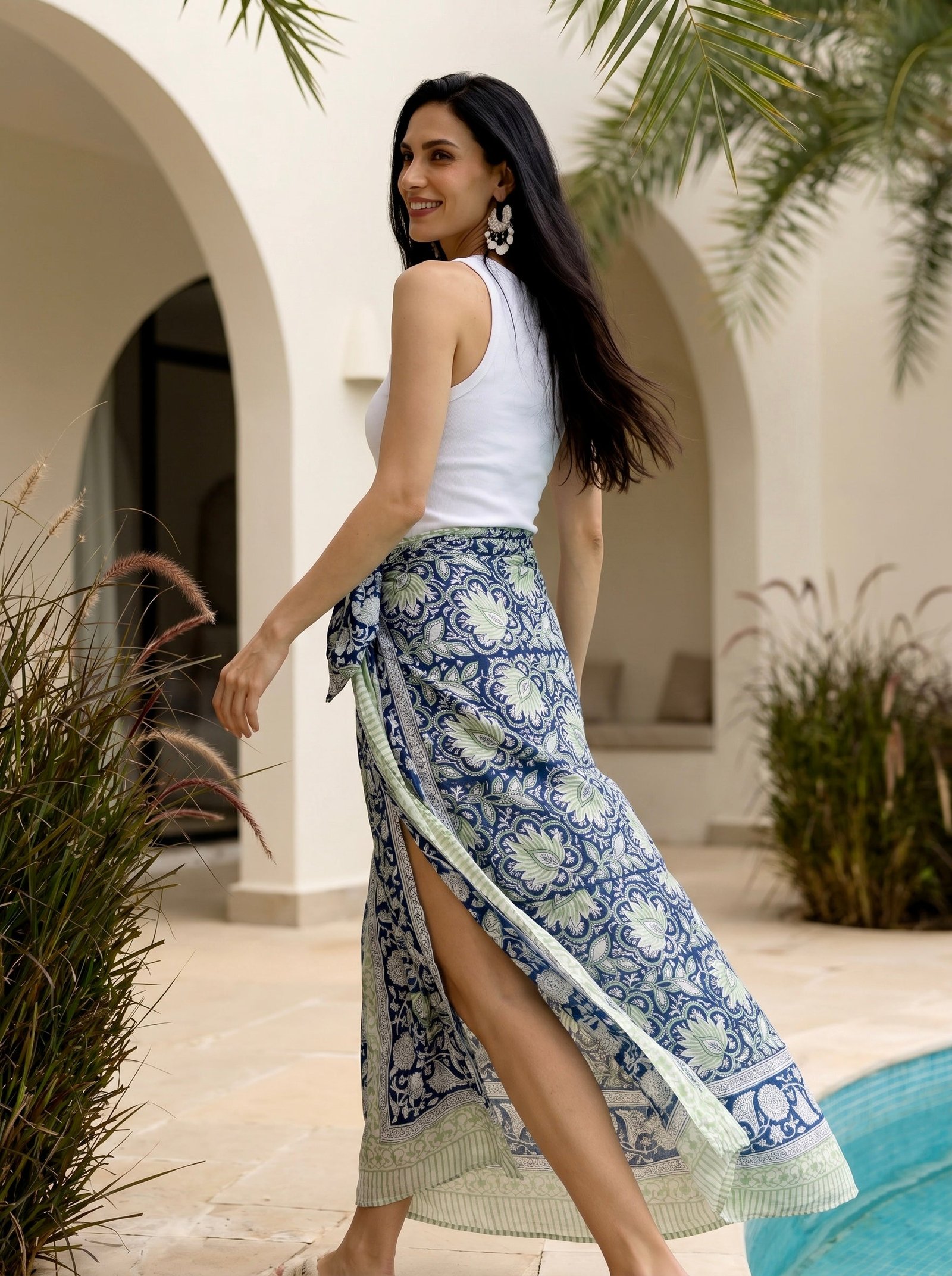 Indigo Garden Block Print Cotton Sarong