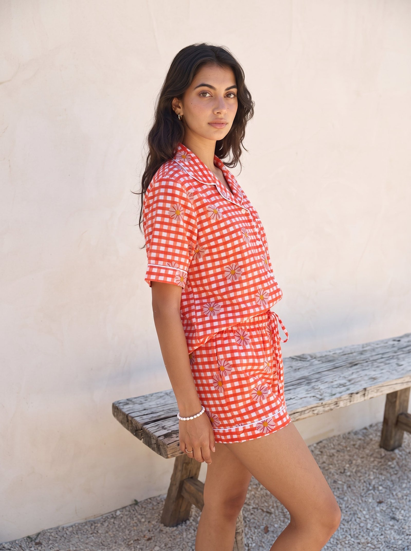 Coral Gingham Daisy Pajama Set