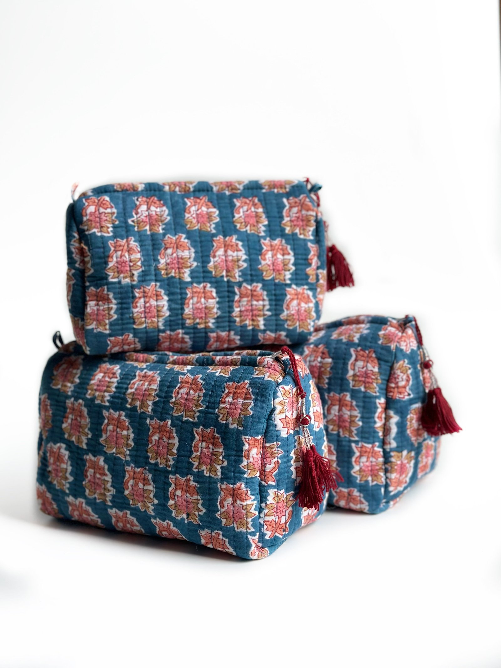 Blue Blossom Quilted Pouch (set of 3)